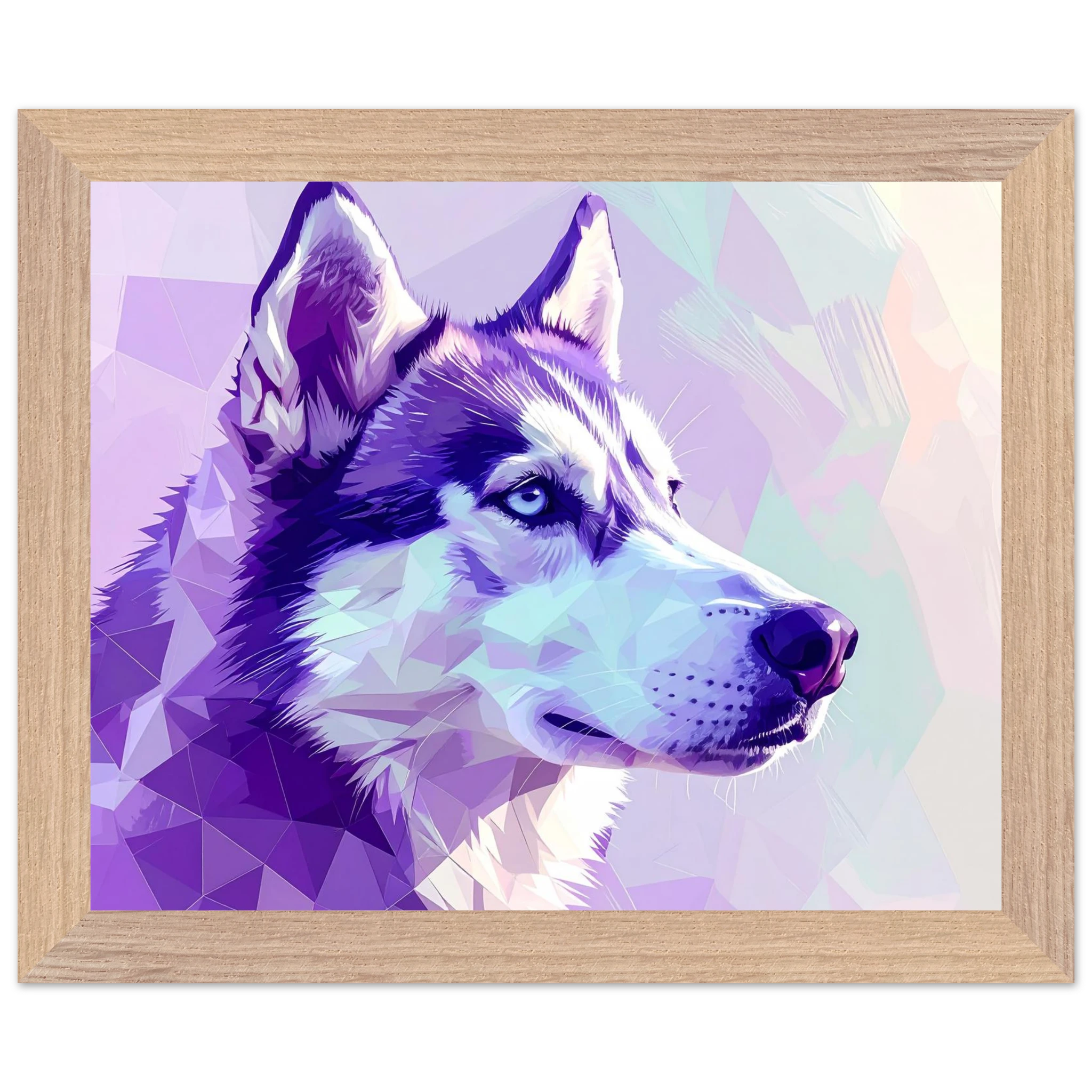 Abstrakter Husky-Portrait-Kunstdruck – Gerahmtes Premium-Poster in faszinierenden Lila-Tönen-petllective