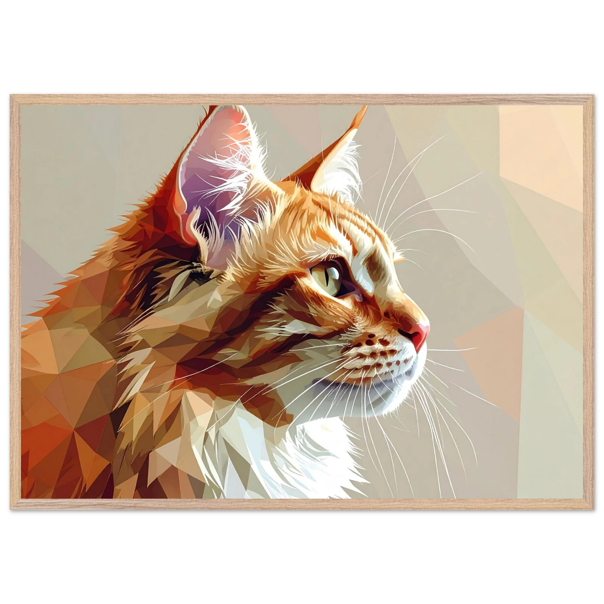 Abstraktes Katzenportrait Premium-Poster mit Rahmen – In orangefarbenem Polygon-Stil, in verschiedenen Größen und Rahmenfarben erhältlich-petllective