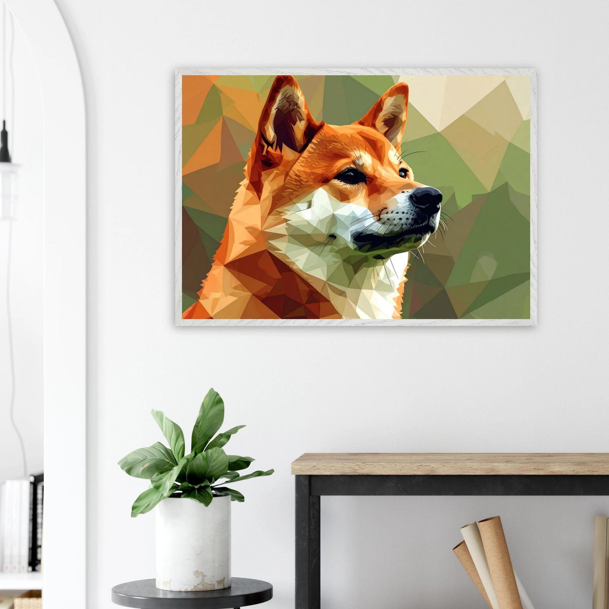 Shiba Inu Polygon Art Premium-Poster – Hundeliebe in leuchtenden Farben mit Holzrahmen-petllective