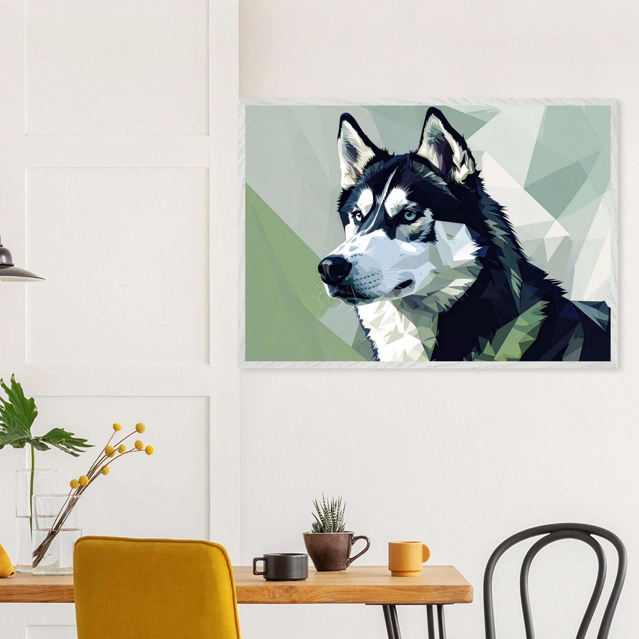 Abstraktes Husky-Porträt – Gerahmtes Premium-Poster mit lebendigen Farben und dezentem Glanz-petllective