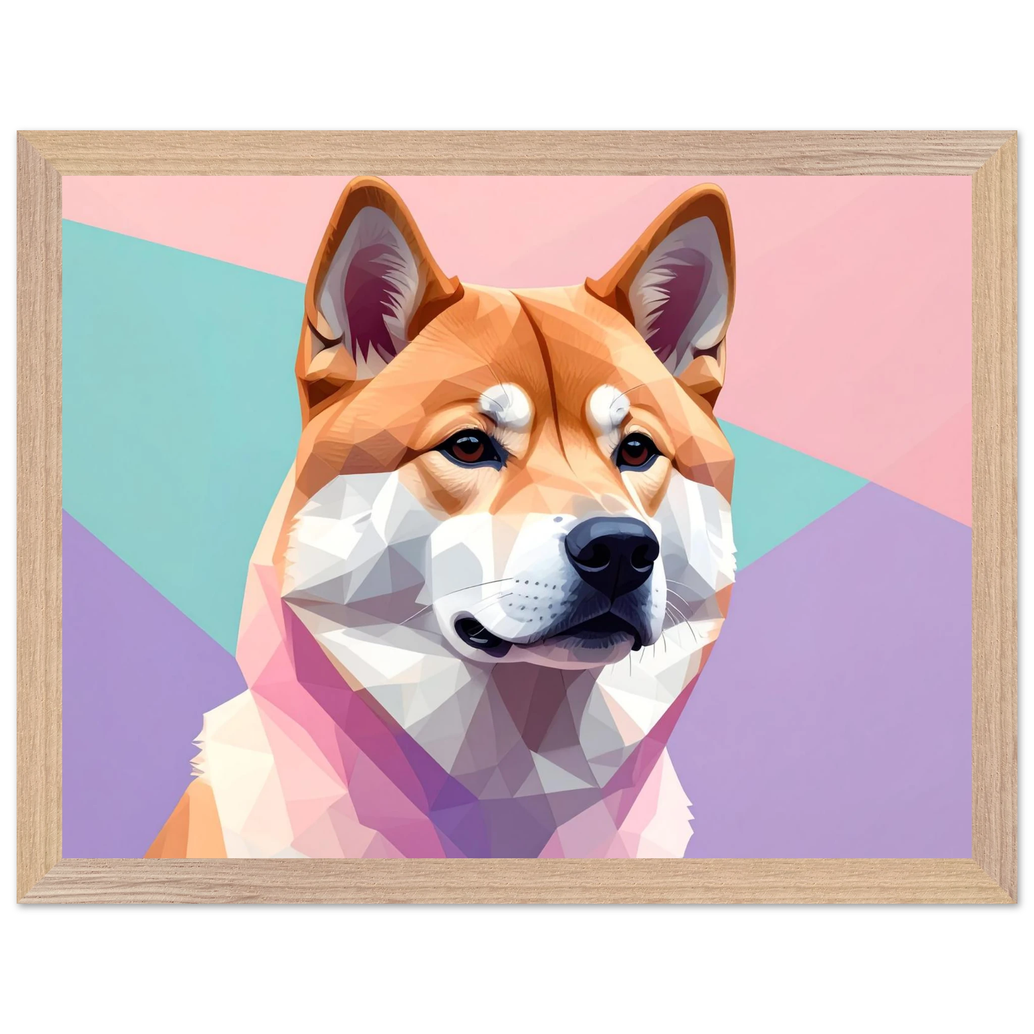 Abstrakter Shiba Inu: Gerahmtes Premium-Poster mit lebendigen geometrischen Formen in Pastellfarben-petllective
