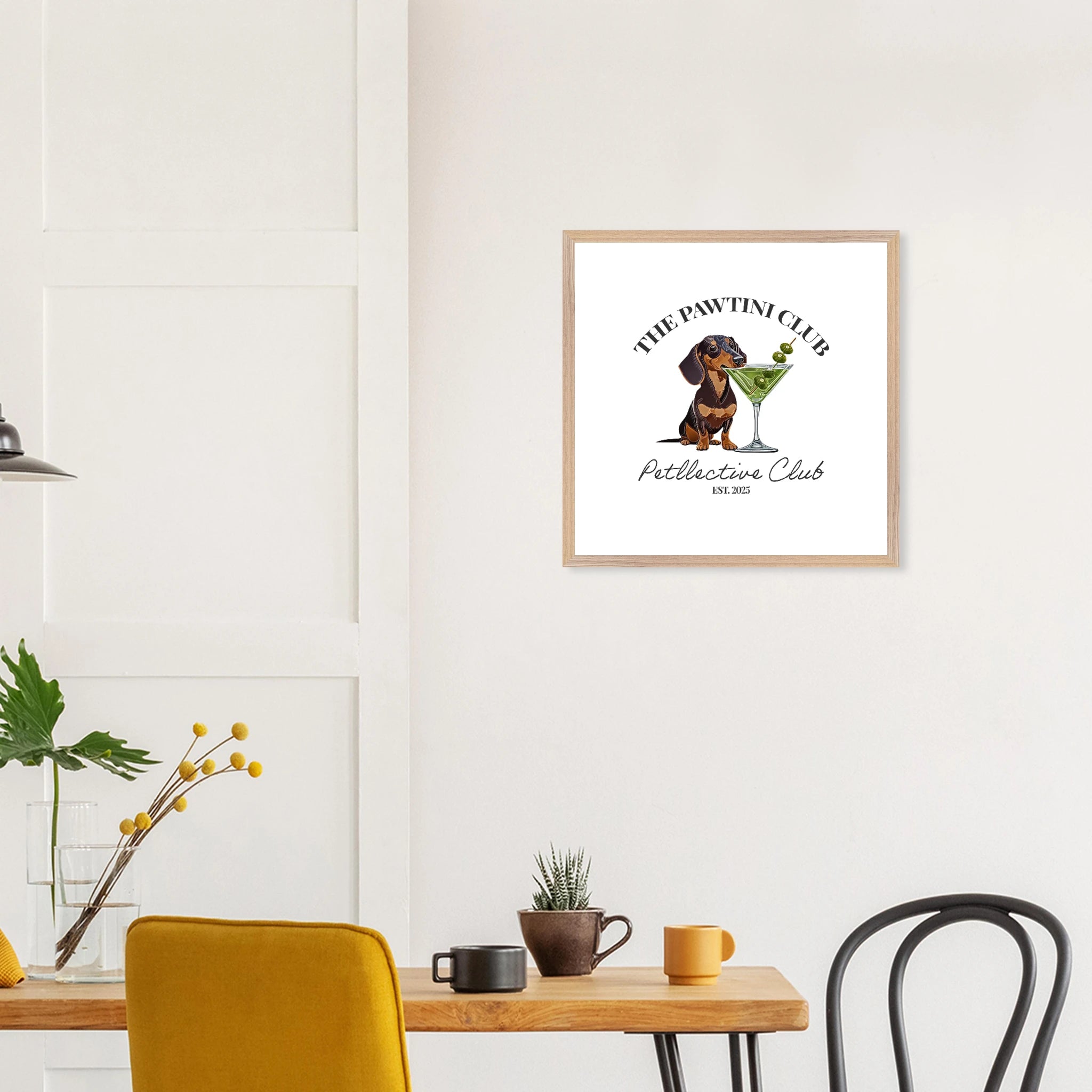 Wandbild Dackel Illustration „The Pawtini Club“ – Premium Poster mit Holzrahmen-petllective