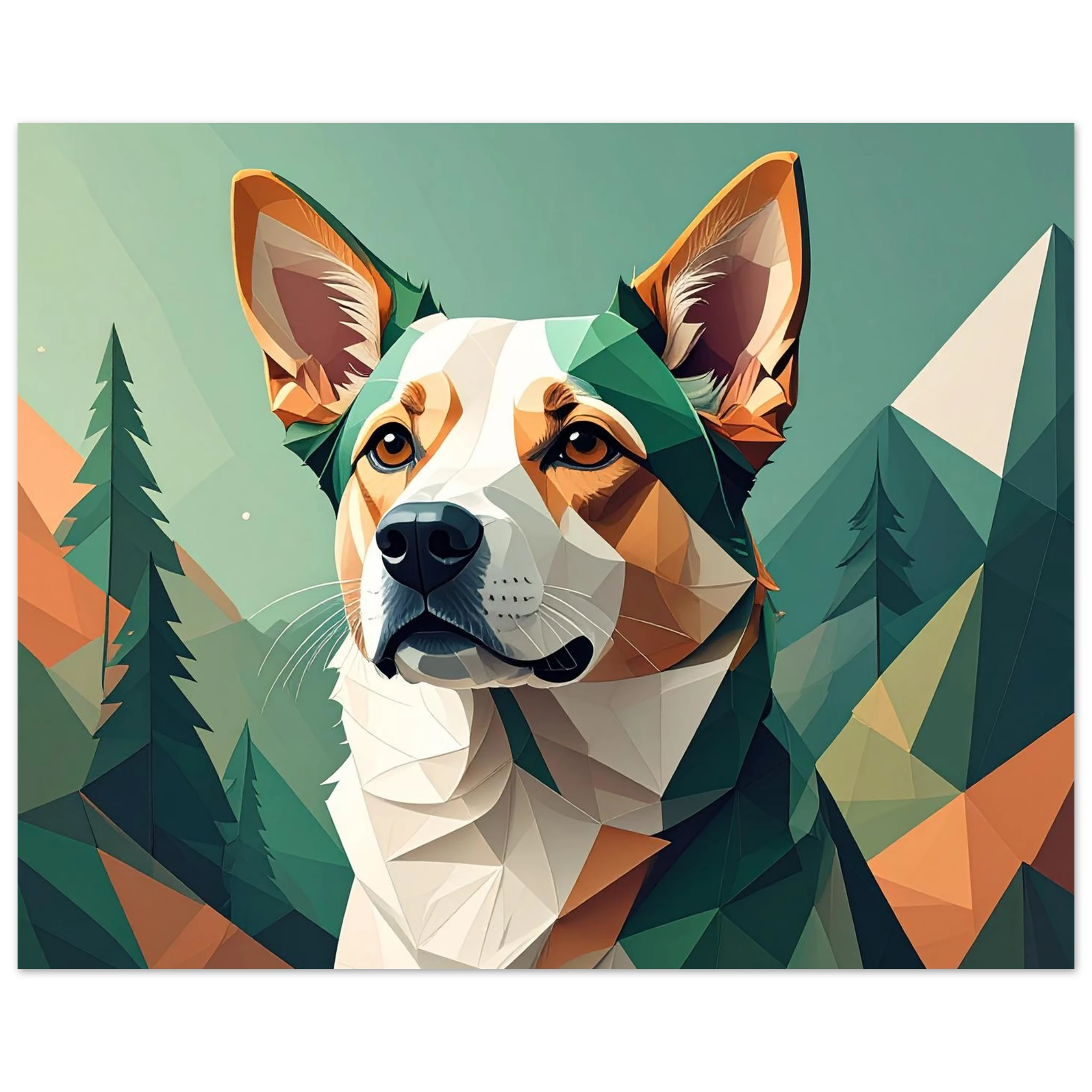 Hund mit Bergpanorama Kunstdruck Wandbild – Geometrische Tierkunst-petllective