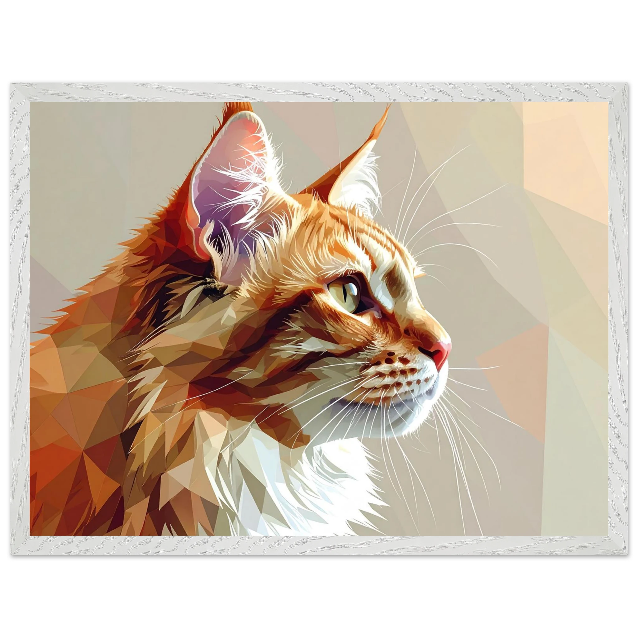 Abstraktes Katzenportrait Premium-Poster mit Rahmen – In orangefarbenem Polygon-Stil, in verschiedenen Größen und Rahmenfarben erhältlich-petllective