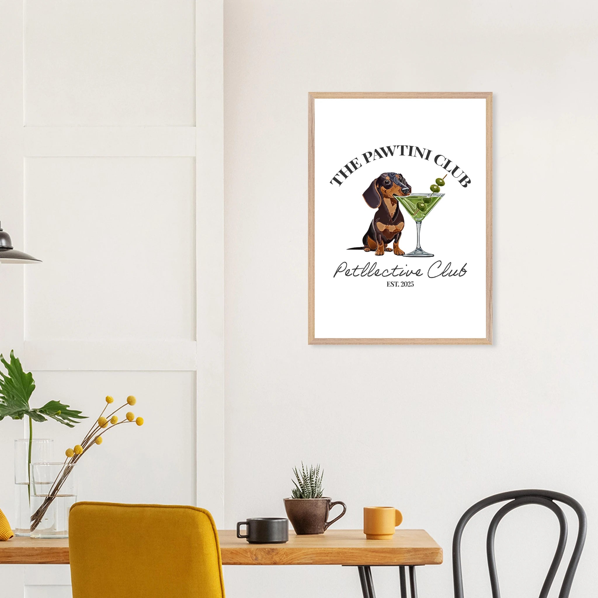 Wandbild Dackel Illustration „The Pawtini Club“ – Premium Poster mit Holzrahmen-petllective
