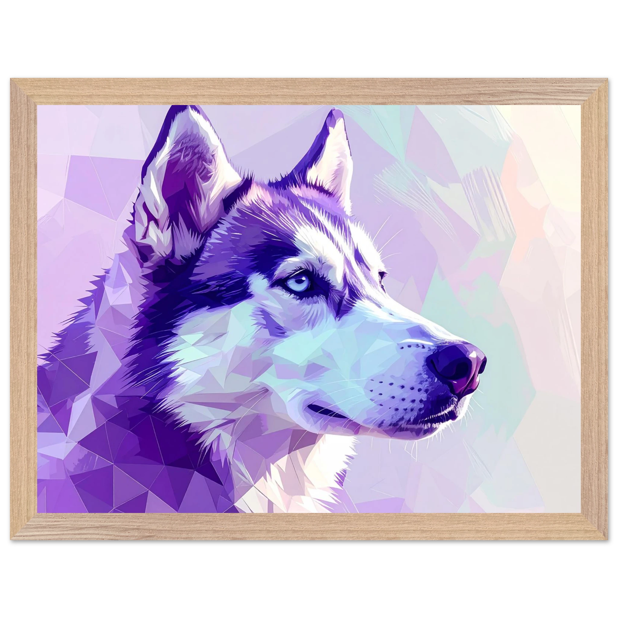 Abstrakter Husky-Portrait-Kunstdruck – Gerahmtes Premium-Poster in faszinierenden Lila-Tönen-petllective