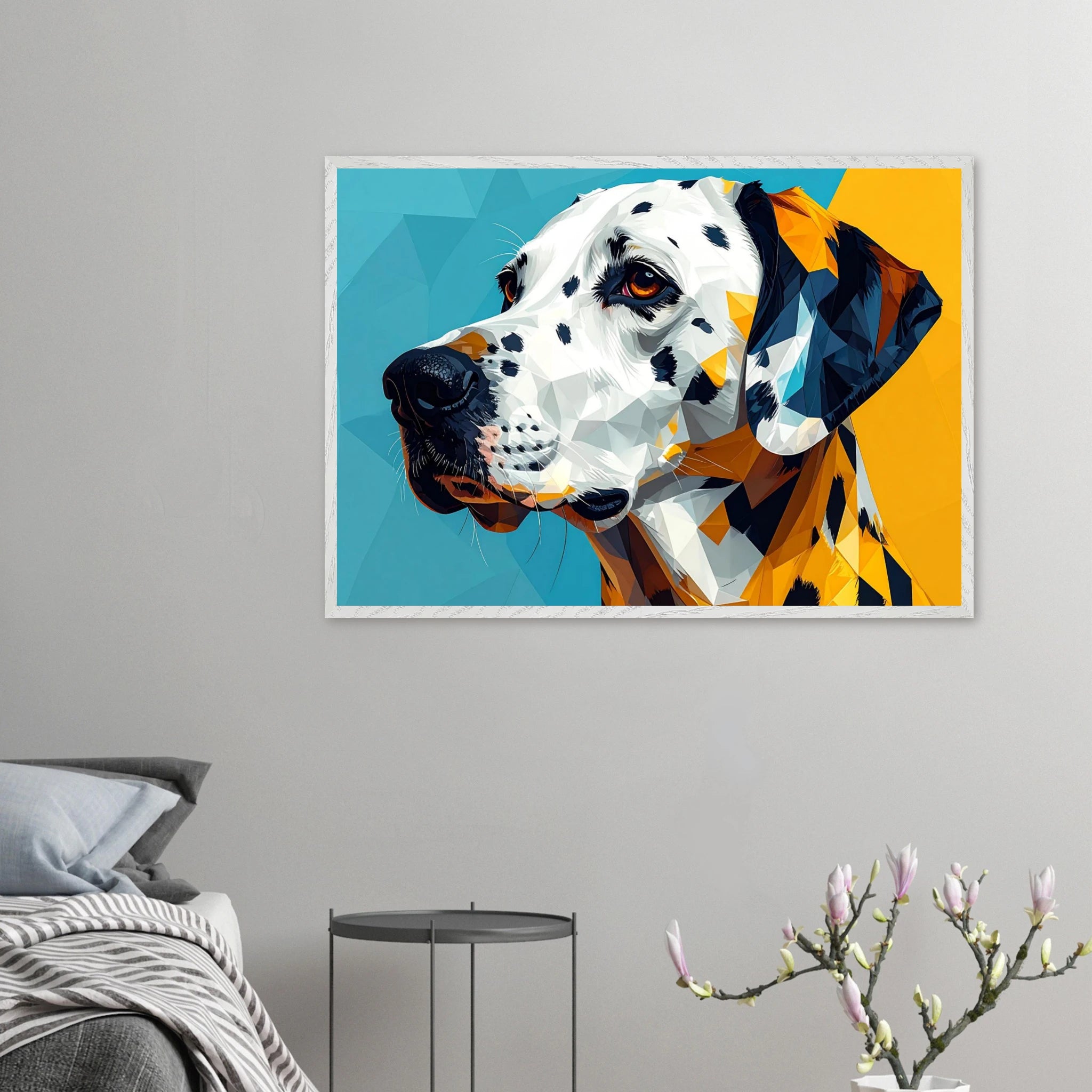 Abstraktes Dalmatiner-Portrait: Gerahmtes Premium-Poster in lebendigem Blau-Gelb-petllective