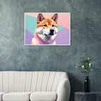 Abstrakter Shiba Inu: Gerahmtes Premium-Poster mit lebendigen geometrischen Formen in Pastellfarben-petllective