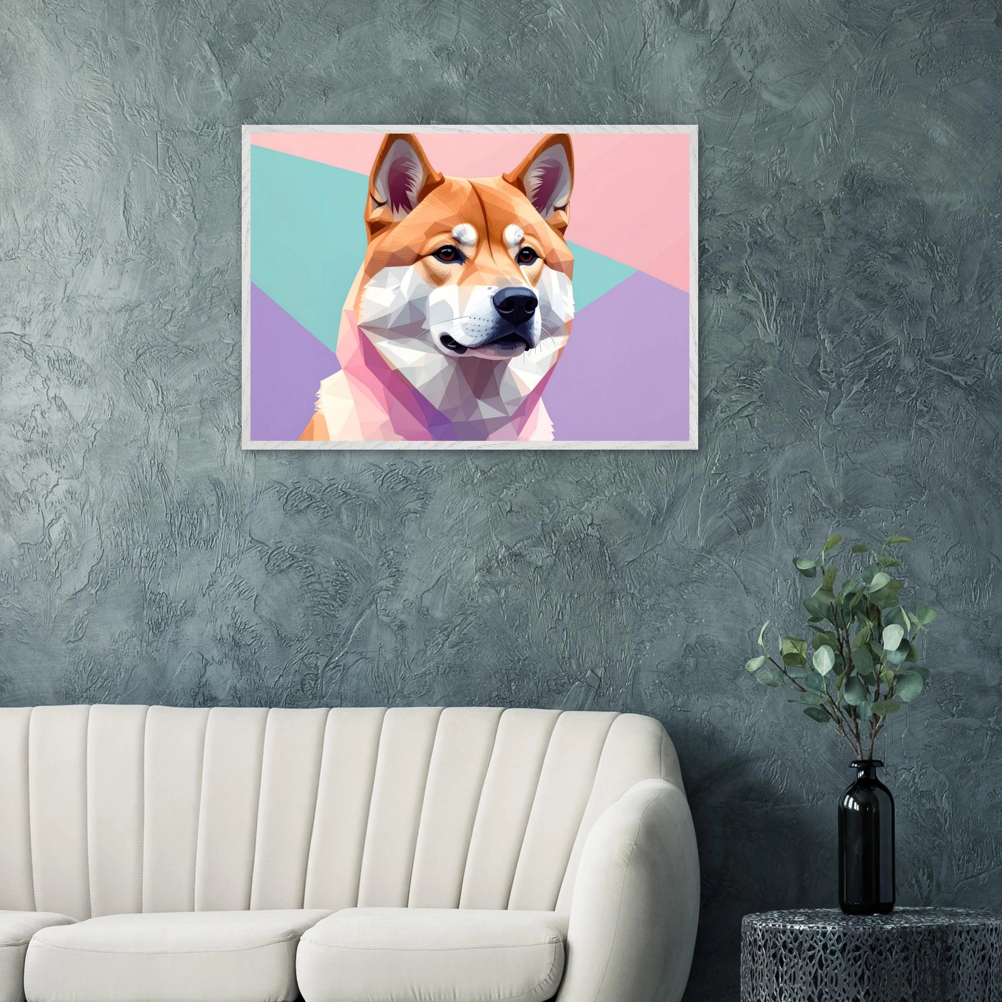 Abstrakter Shiba Inu: Gerahmtes Premium-Poster mit lebendigen geometrischen Formen in Pastellfarben-petllective