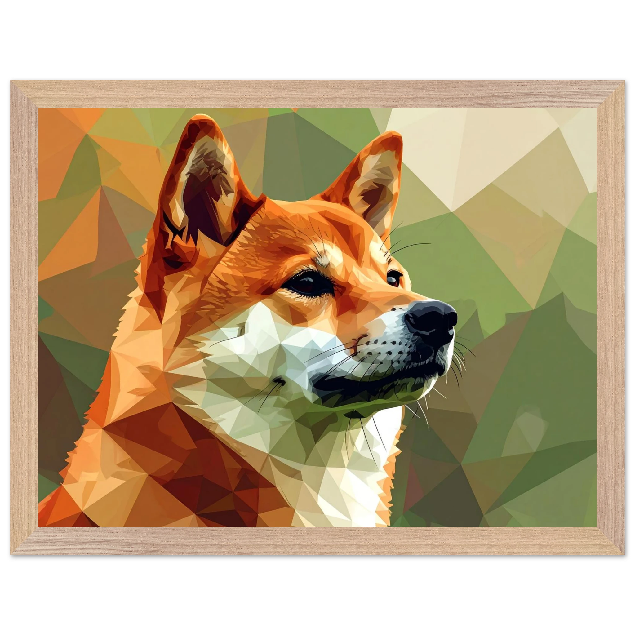 Shiba Inu Polygon Art Premium-Poster – Hundeliebe in leuchtenden Farben mit Holzrahmen-petllective
