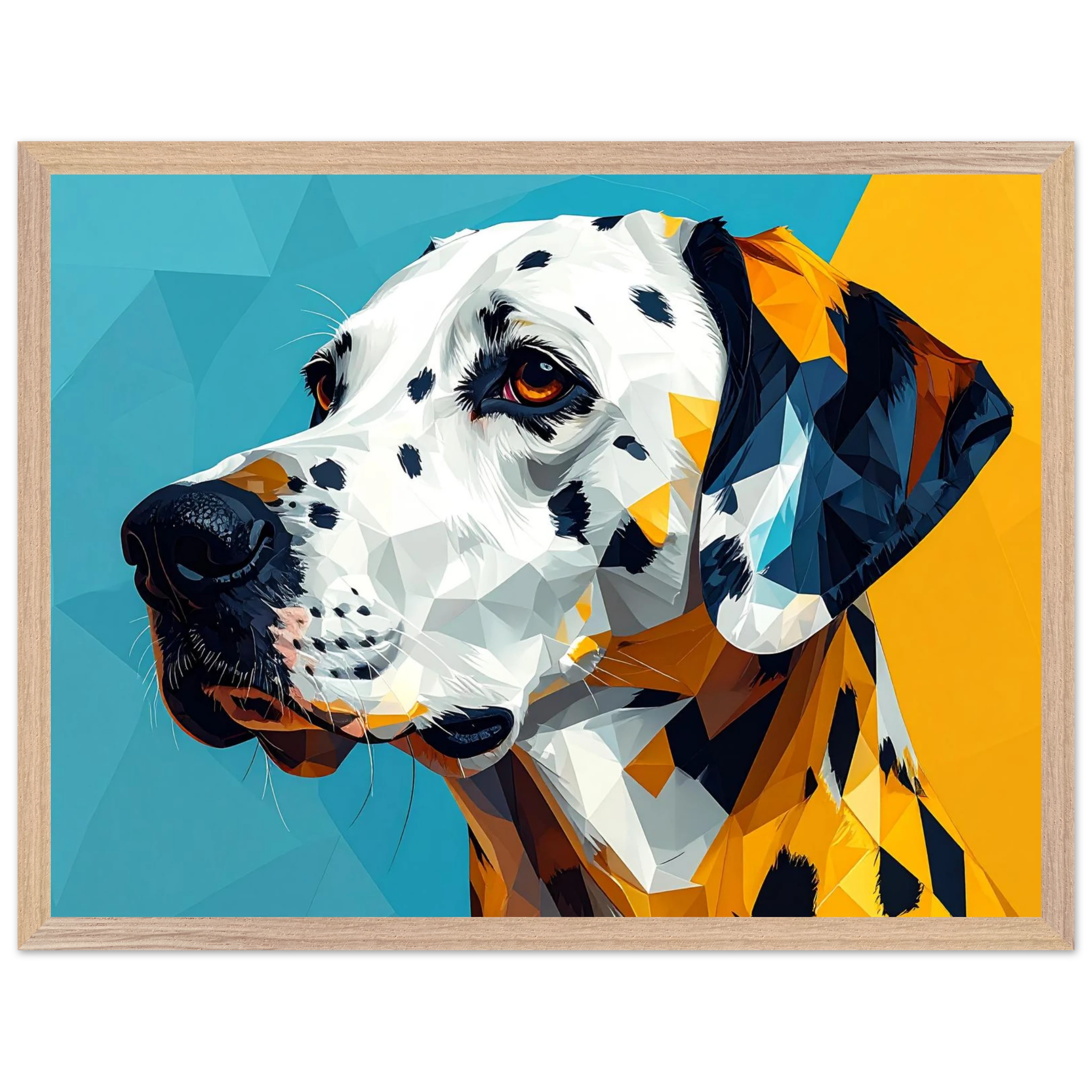 Abstraktes Dalmatiner-Portrait: Gerahmtes Premium-Poster in lebendigem Blau-Gelb-petllective
