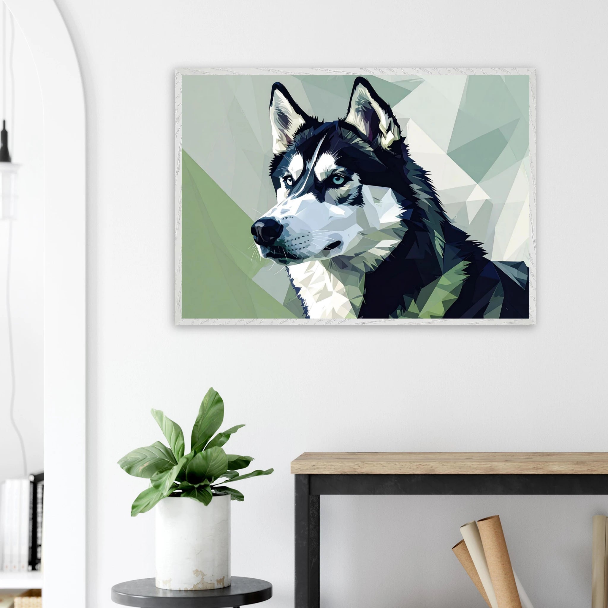 Abstraktes Husky-Porträt – Gerahmtes Premium-Poster mit lebendigen Farben und dezentem Glanz-petllective