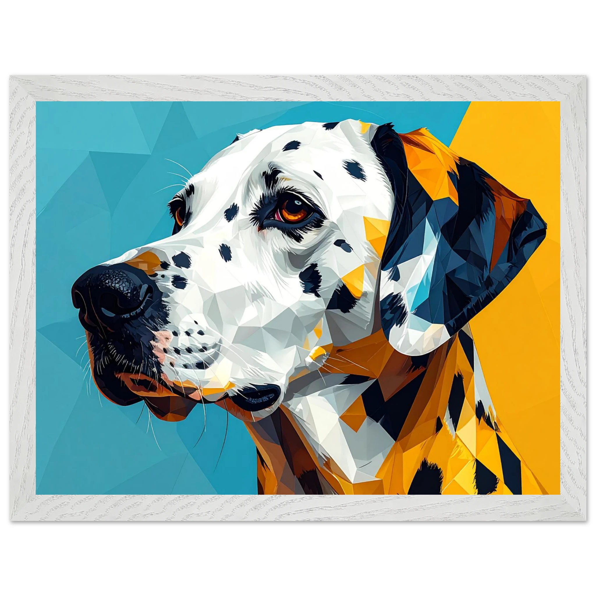 Abstraktes Dalmatiner-Portrait: Gerahmtes Premium-Poster in lebendigem Blau-Gelb-petllective