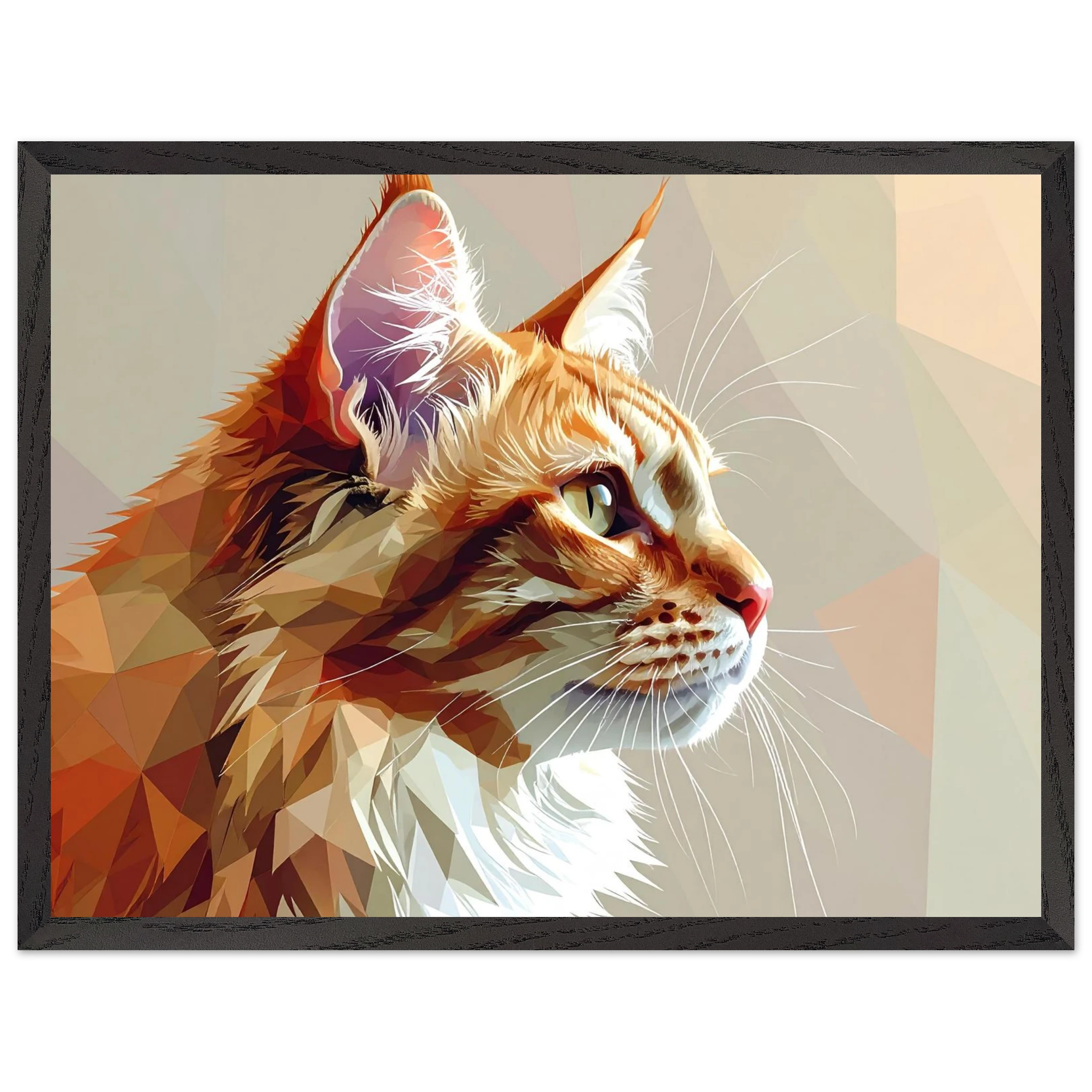 Abstraktes Katzenportrait Premium-Poster mit Rahmen – In orangefarbenem Polygon-Stil, in verschiedenen Größen und Rahmenfarben erhältlich-petllective