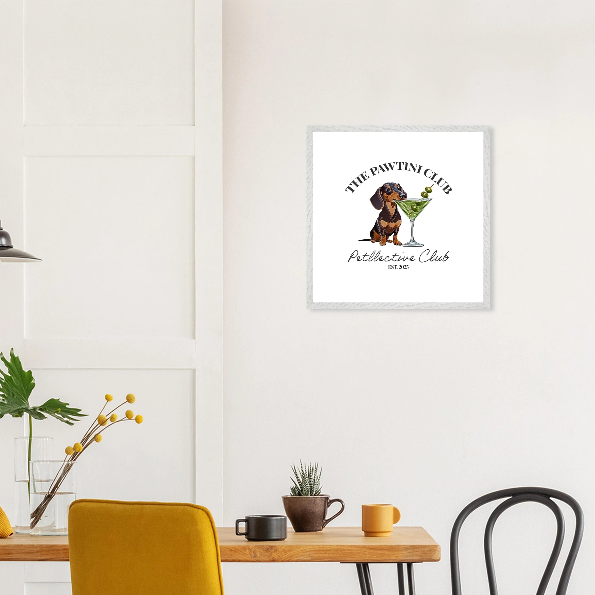 Wandbild Dackel Illustration „The Pawtini Club“ – Premium Poster mit Holzrahmen-petllective