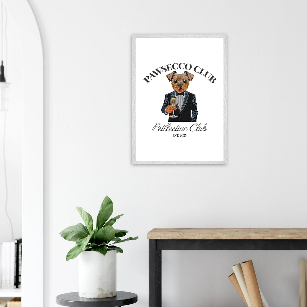 Wandbild Hund „Pawsecco Club“ – Premium Poster mit Holzrahmen-petllective