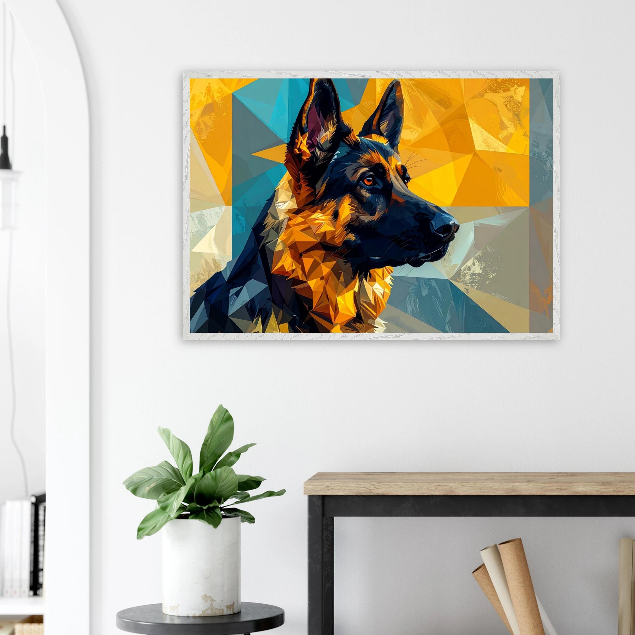 Geometrisches Schäferhund-Porträt: Premium-Poster mit Holzrahmen in deinem Stil-petllective