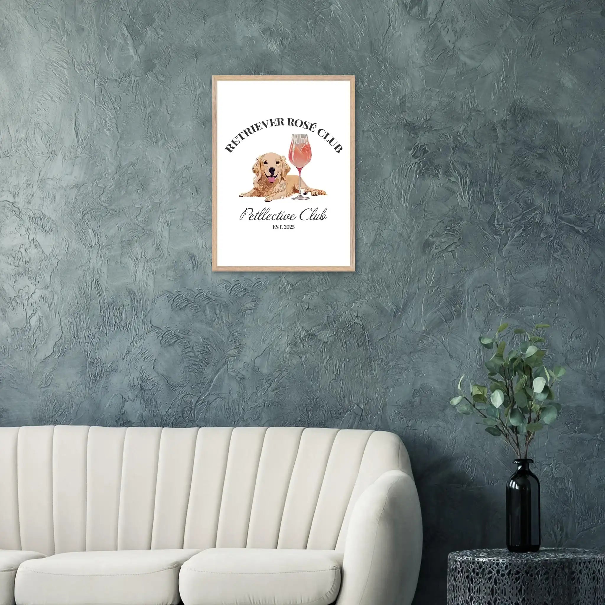 Retriever Rosé Club Wandbild – Hund Illustration im Premium Holzrahmen-petllective