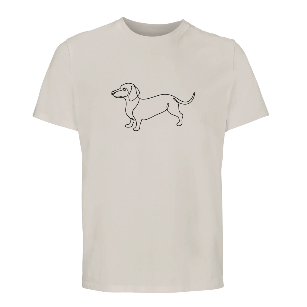 Unisex Bio-Baumwoll-T-Shirt in Beige mit minimalistischer Dackel Line Art auf der Brust