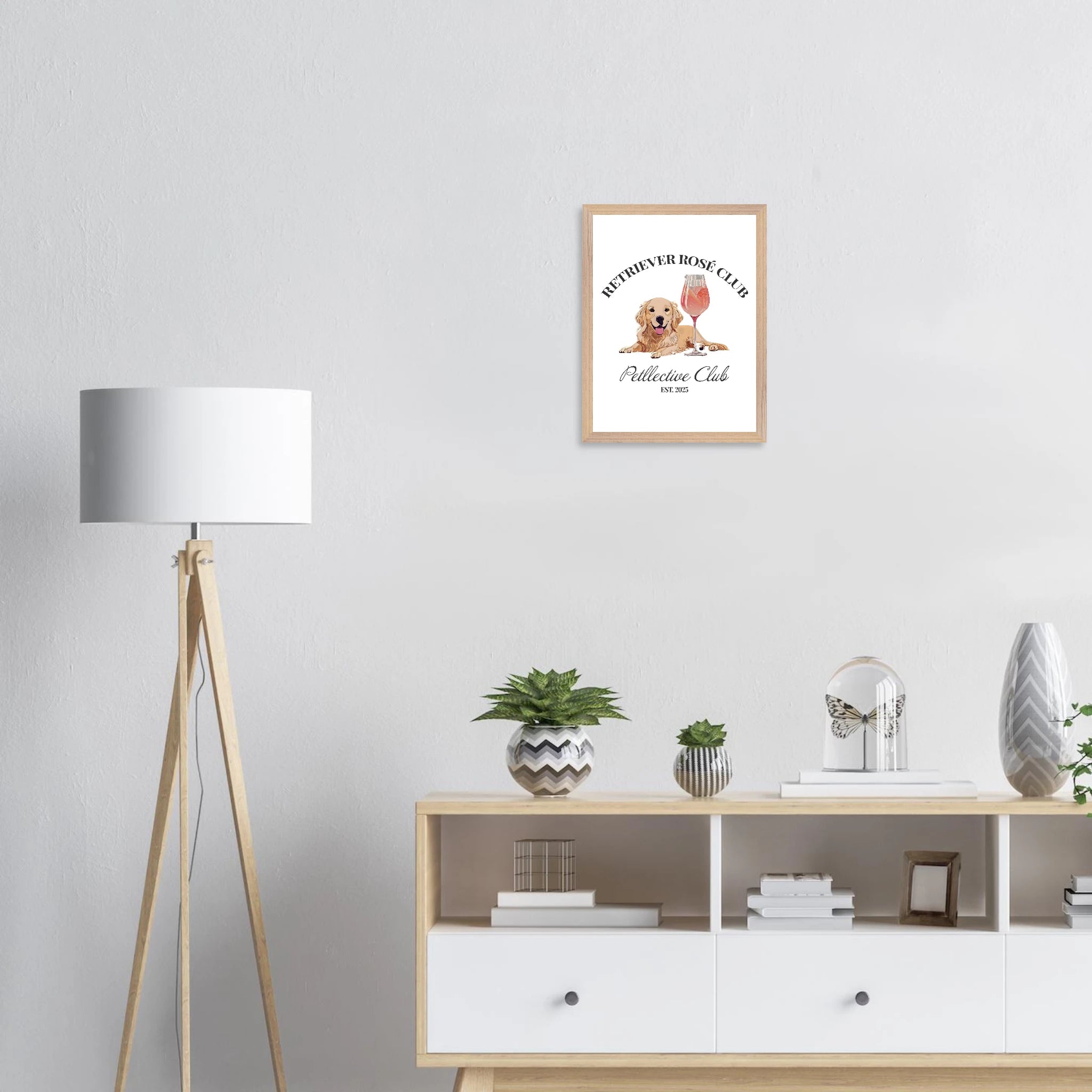 Retriever Rosé Club Wandbild – Hund Illustration im Premium Holzrahmen-petllective