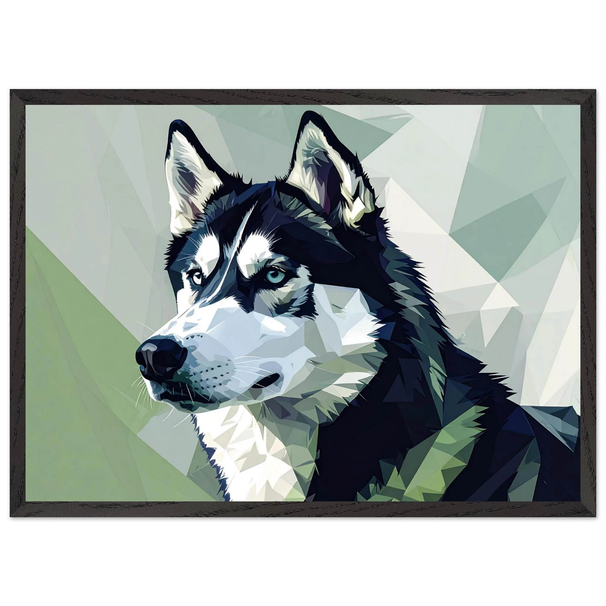 Abstraktes Husky-Porträt – Gerahmtes Premium-Poster mit lebendigen Farben und dezentem Glanz-petllective