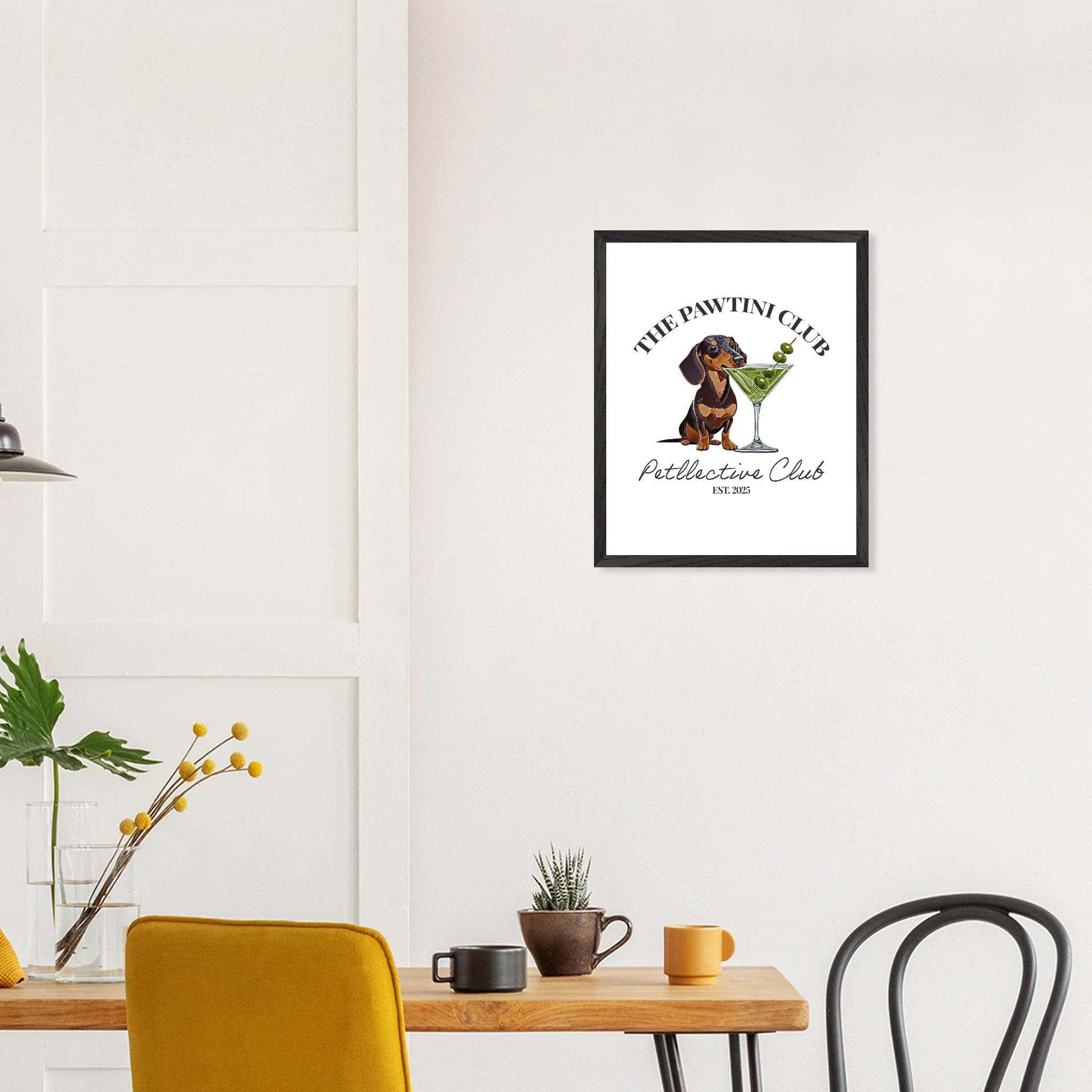 Wandbild Dackel Illustration „The Pawtini Club“ – Premium Poster mit Holzrahmen-petllective