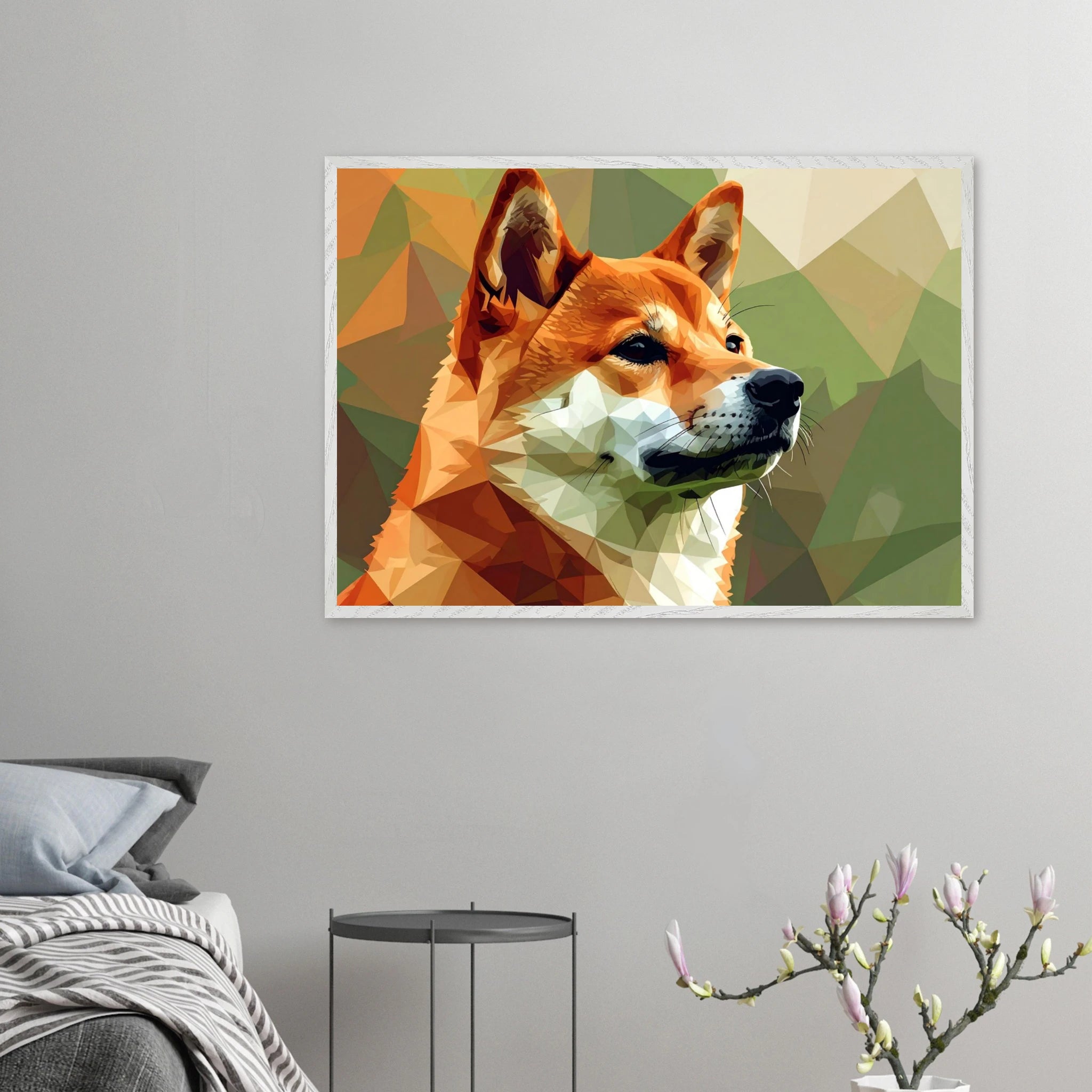 Shiba Inu Polygon Art Premium-Poster – Hundeliebe in leuchtenden Farben mit Holzrahmen-petllective