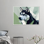 Abstraktes Husky-Porträt – Gerahmtes Premium-Poster mit lebendigen Farben und dezentem Glanz-petllective