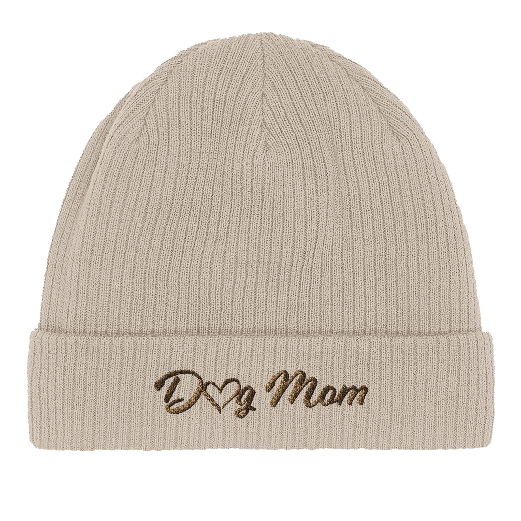 Beige Bio-Baumwoll-Beanie mit komplett gesticktem Schriftzug „Dog Mom“ inkl. Herzsymbol, Garnfarbe wählbar