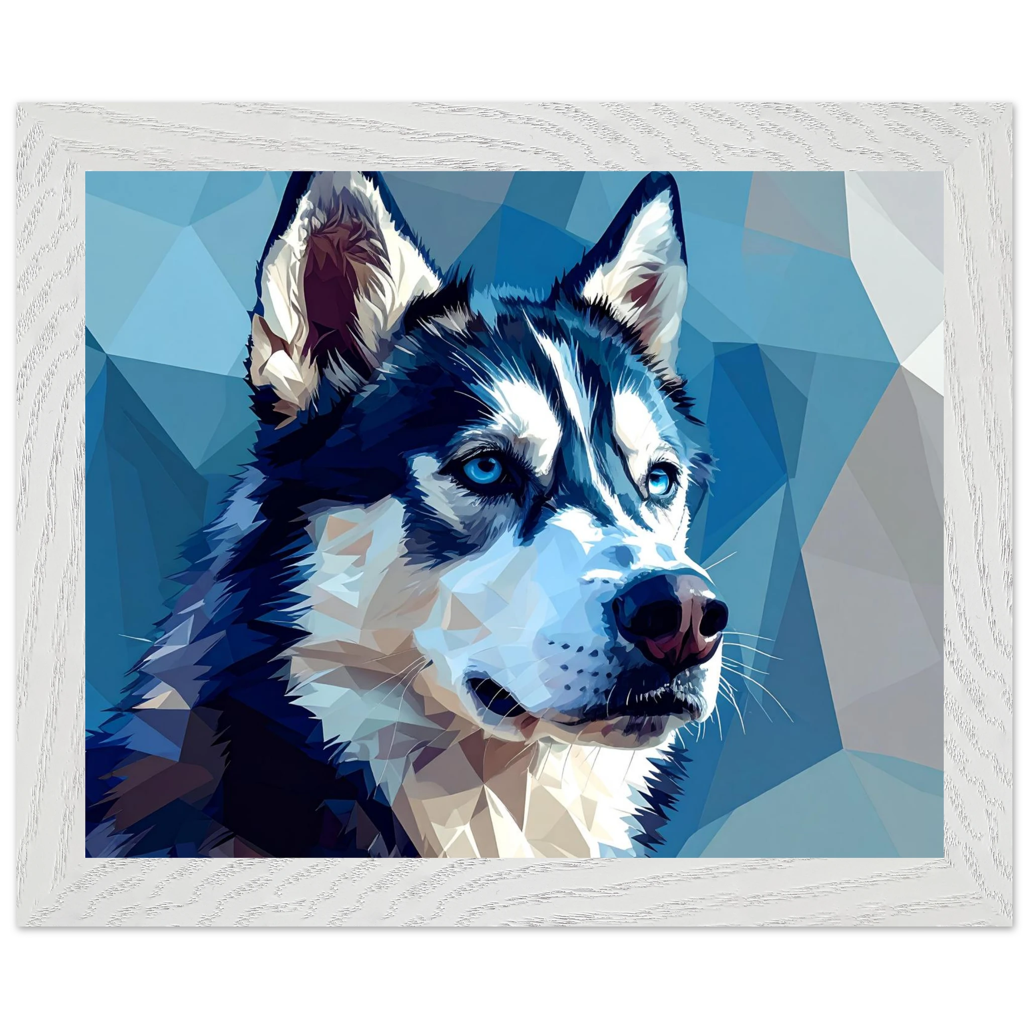 Abstrakter Husky: Premium-Poster mit Rahmen – Leuchtende Augen im geometrischen Design-petllective