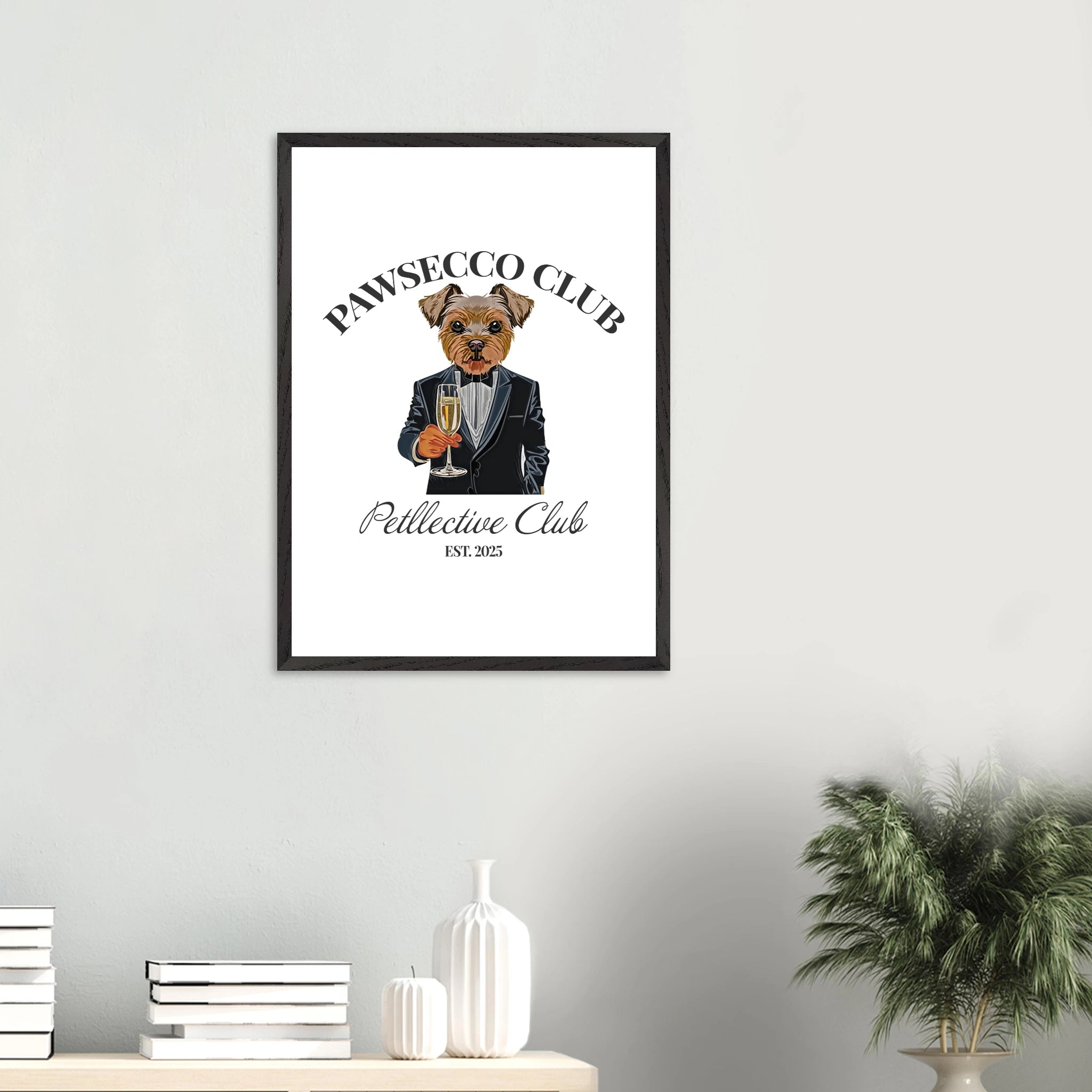 Wandbild Hund „Pawsecco Club“ – Premium Poster mit Holzrahmen-petllective