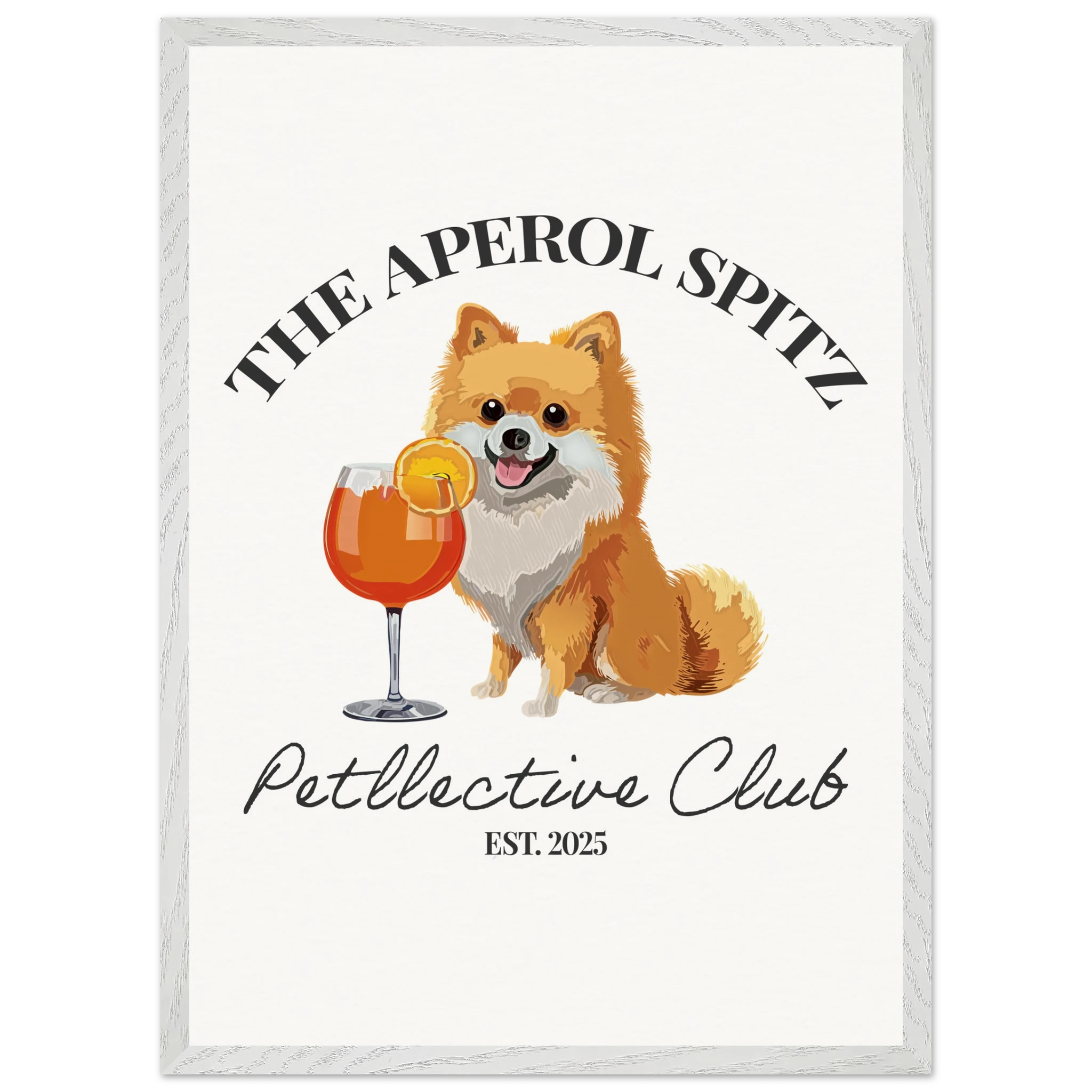 Wandbild Hund Illustration „Aperol Spitz“ – Premium Poster im Holzrahmen-petllective