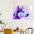 Abstrakter Husky-Portrait-Kunstdruck – Gerahmtes Premium-Poster in faszinierenden Lila-Tönen-petllective