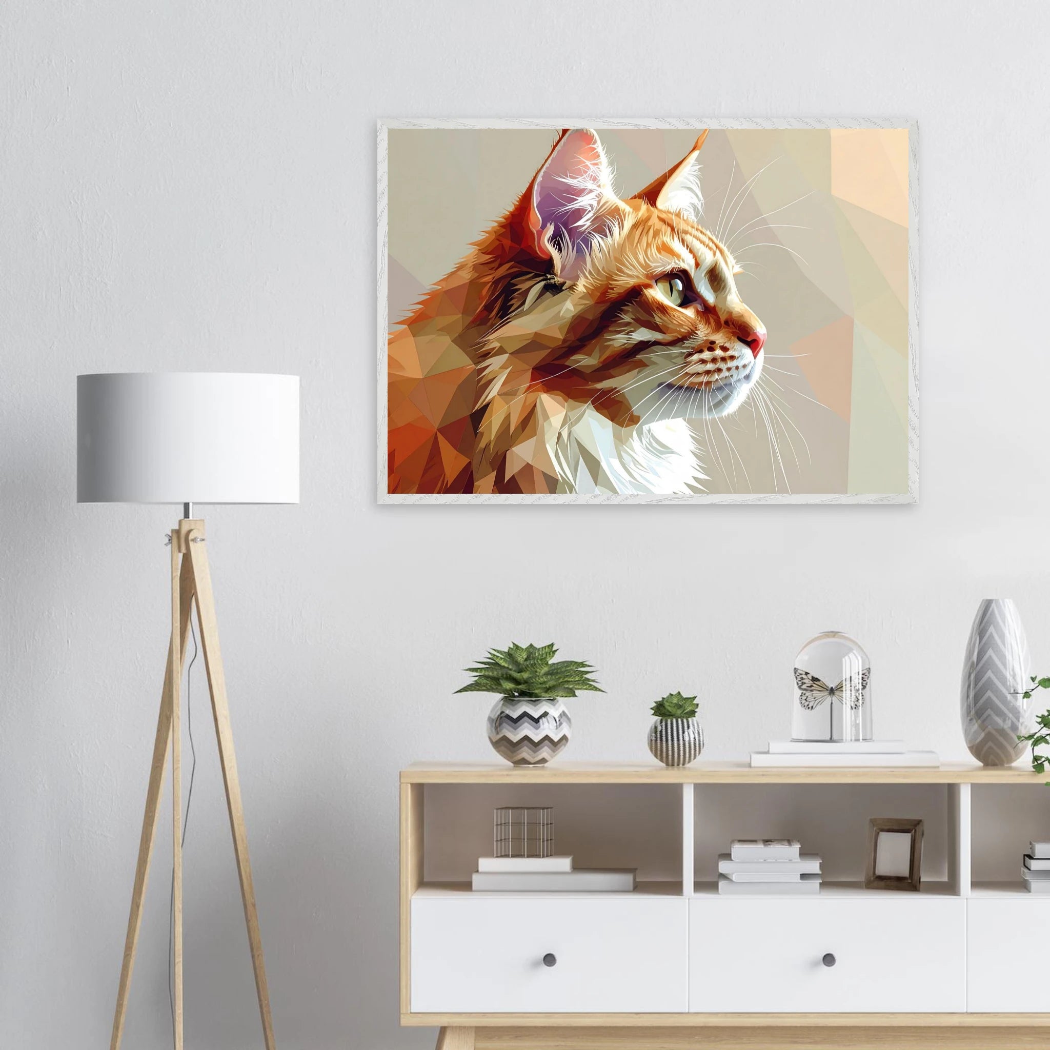 Abstraktes Katzenportrait Premium-Poster mit Rahmen – In orangefarbenem Polygon-Stil, in verschiedenen Größen und Rahmenfarben erhältlich-petllective