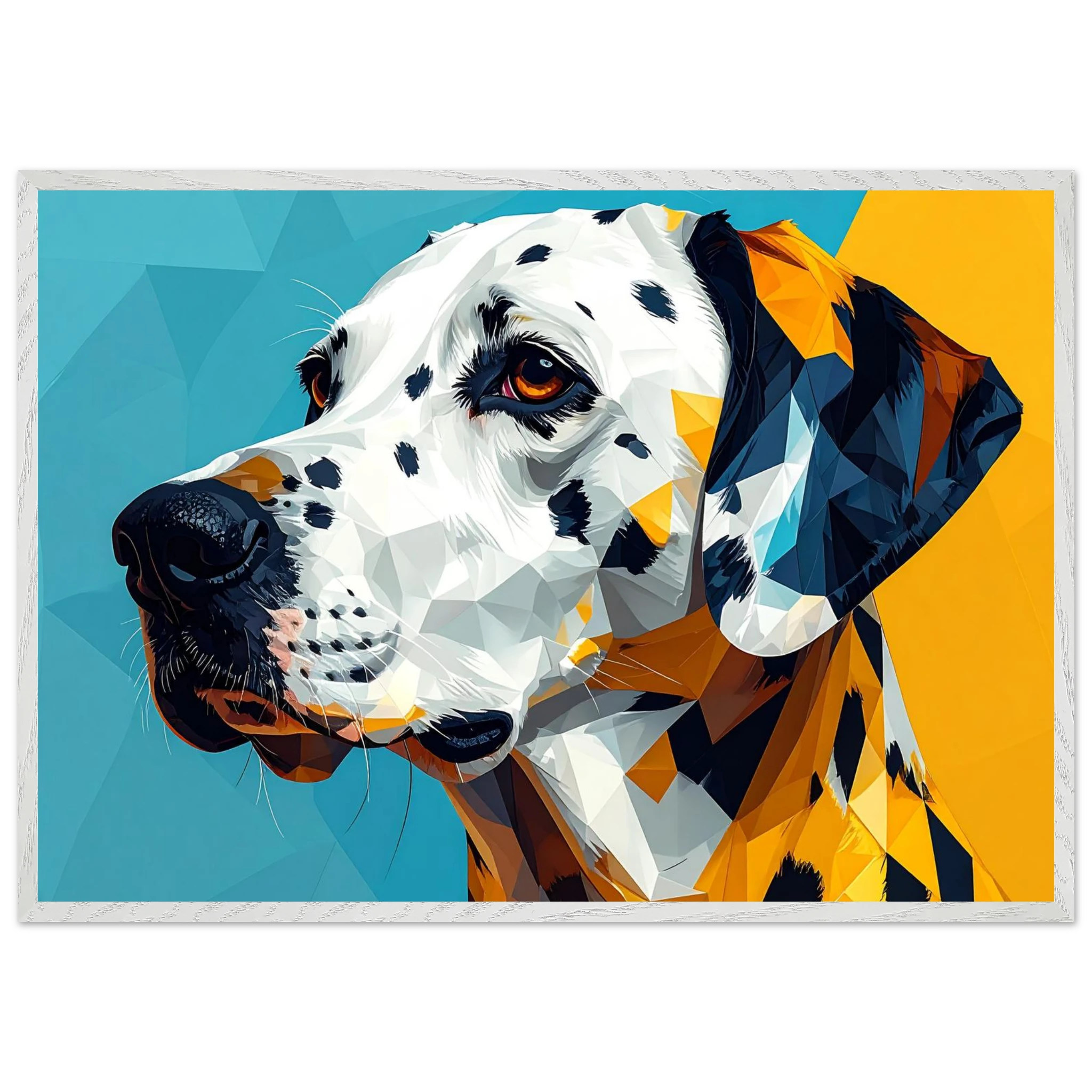 Abstraktes Dalmatiner-Portrait: Gerahmtes Premium-Poster in lebendigem Blau-Gelb-petllective