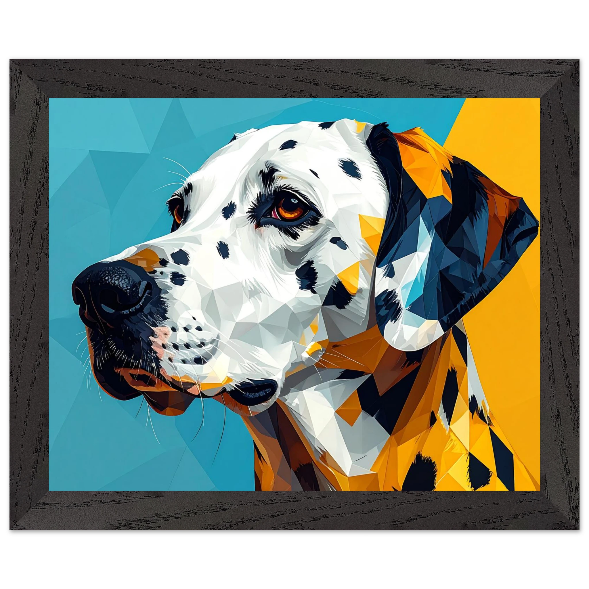 Abstraktes Dalmatiner-Portrait: Gerahmtes Premium-Poster in lebendigem Blau-Gelb-petllective