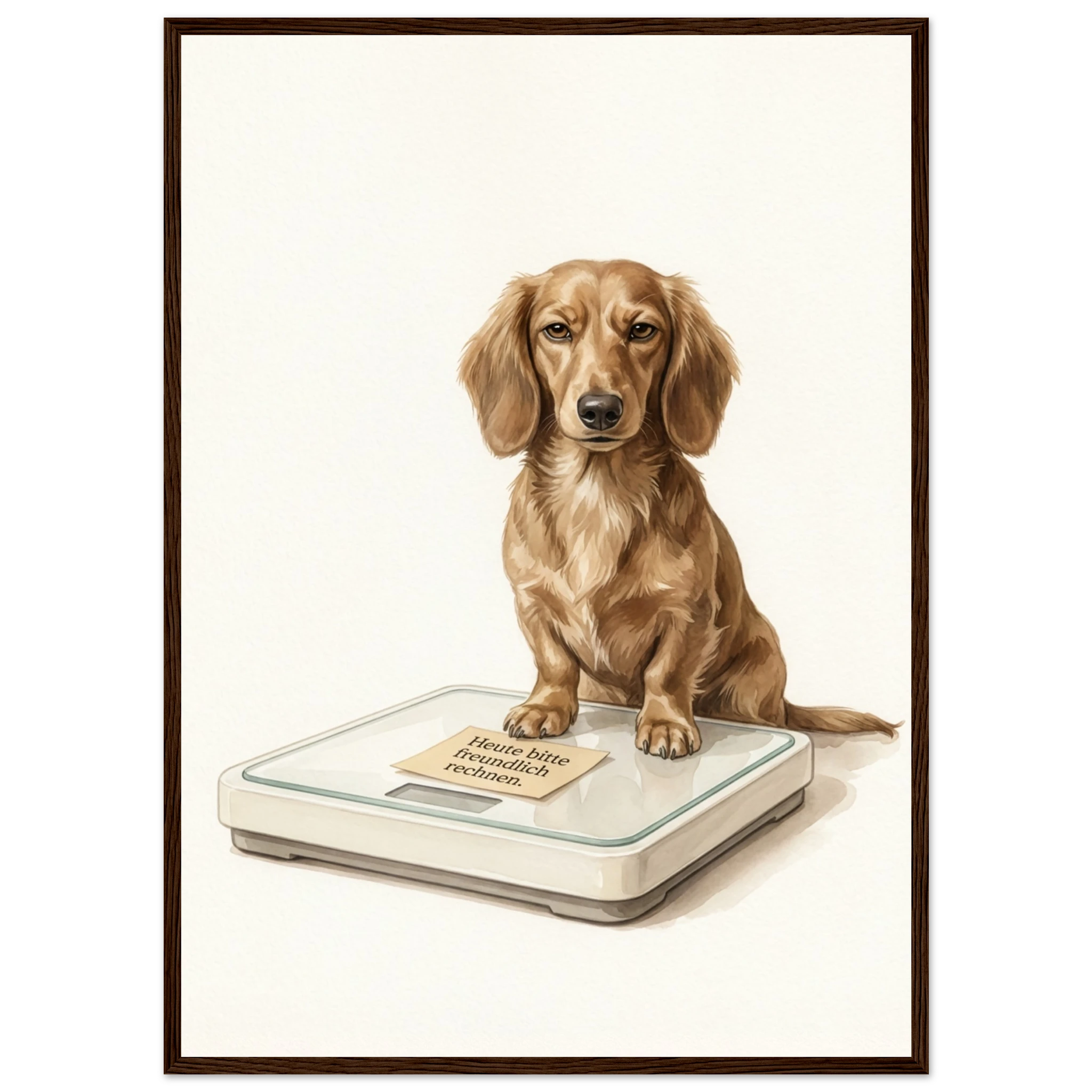 Gerahmtes Wandbild mit Dackel auf Waage, Illustration mit Textschild