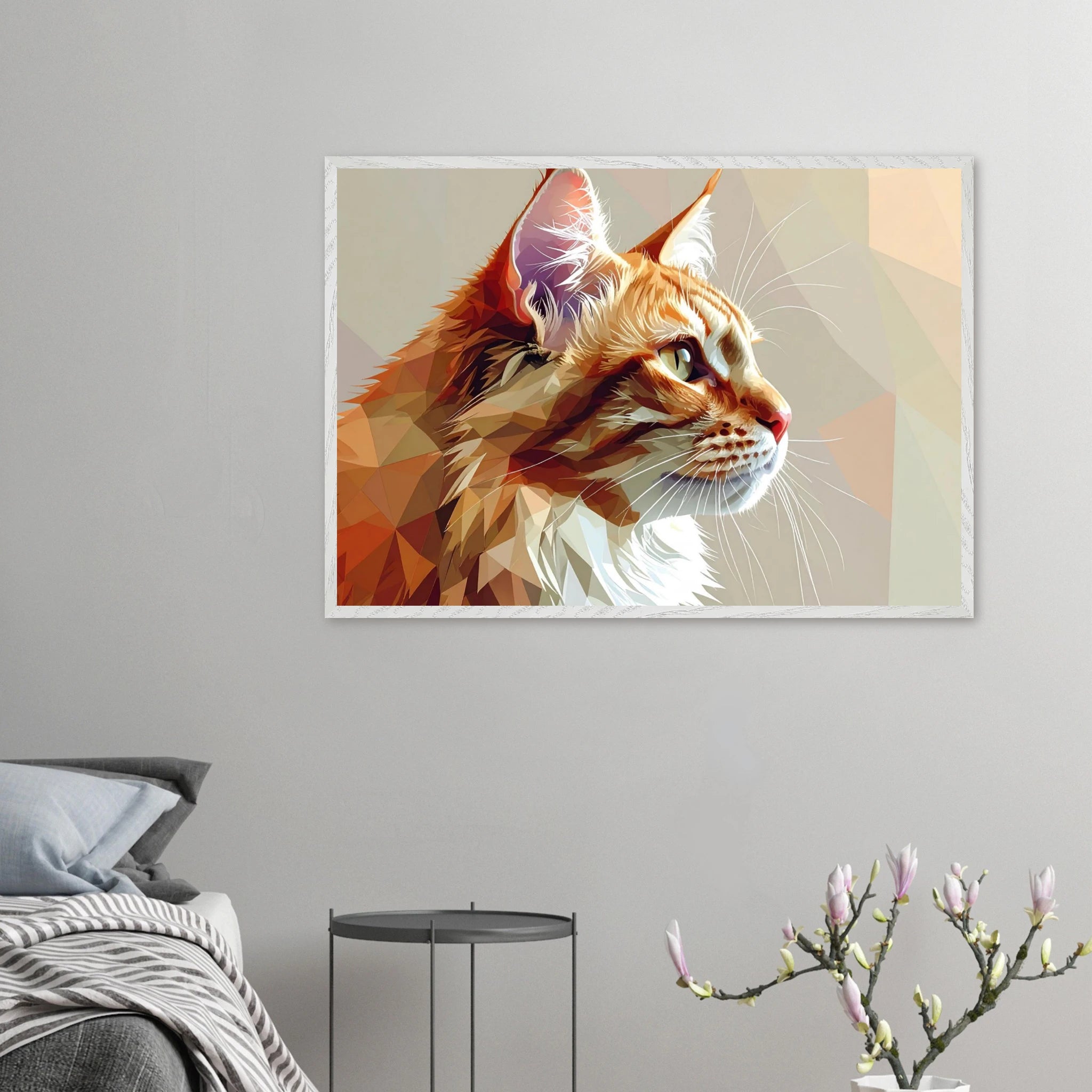 Abstraktes Katzenportrait Premium-Poster mit Rahmen – In orangefarbenem Polygon-Stil, in verschiedenen Größen und Rahmenfarben erhältlich-petllective