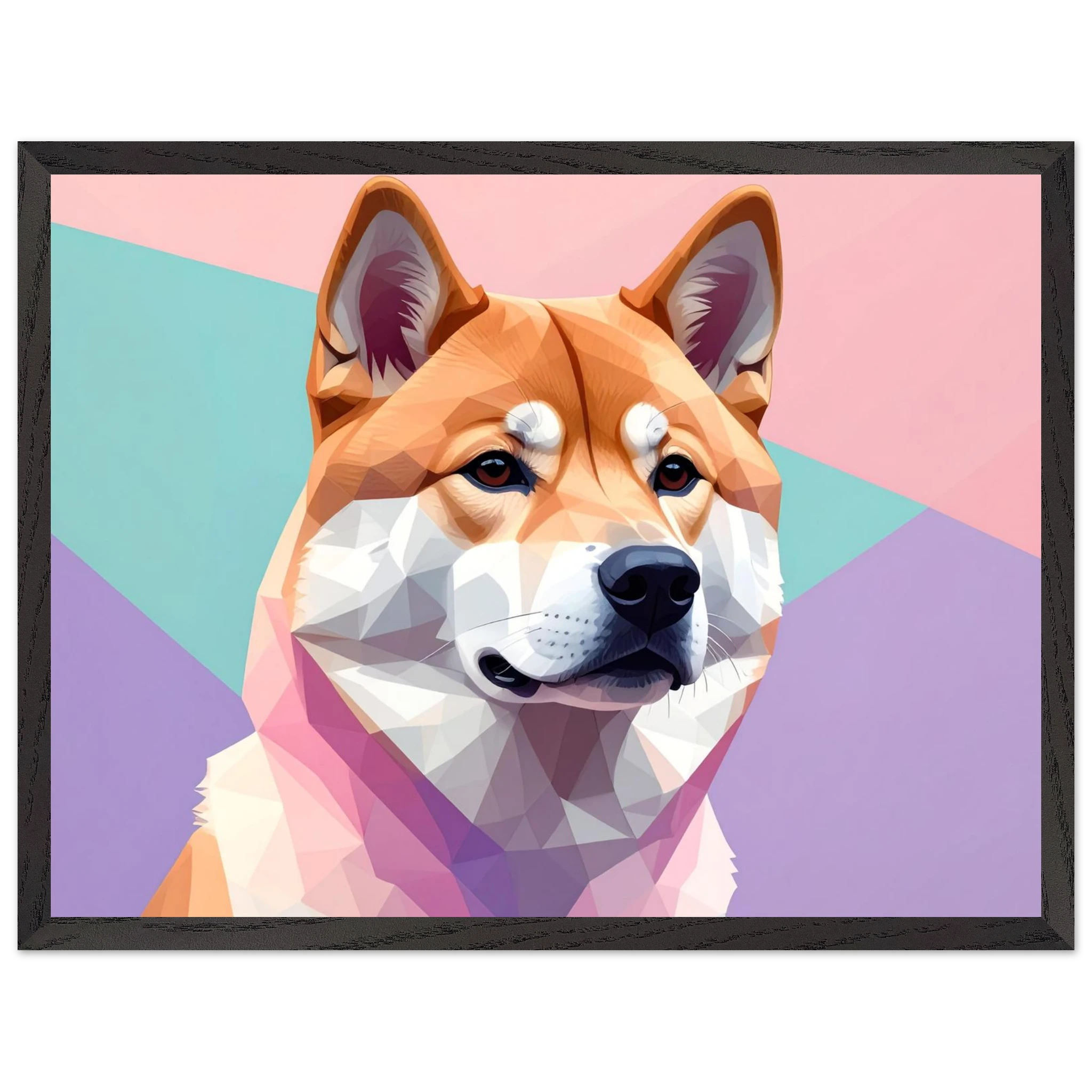 Abstrakter Shiba Inu: Gerahmtes Premium-Poster mit lebendigen geometrischen Formen in Pastellfarben-petllective