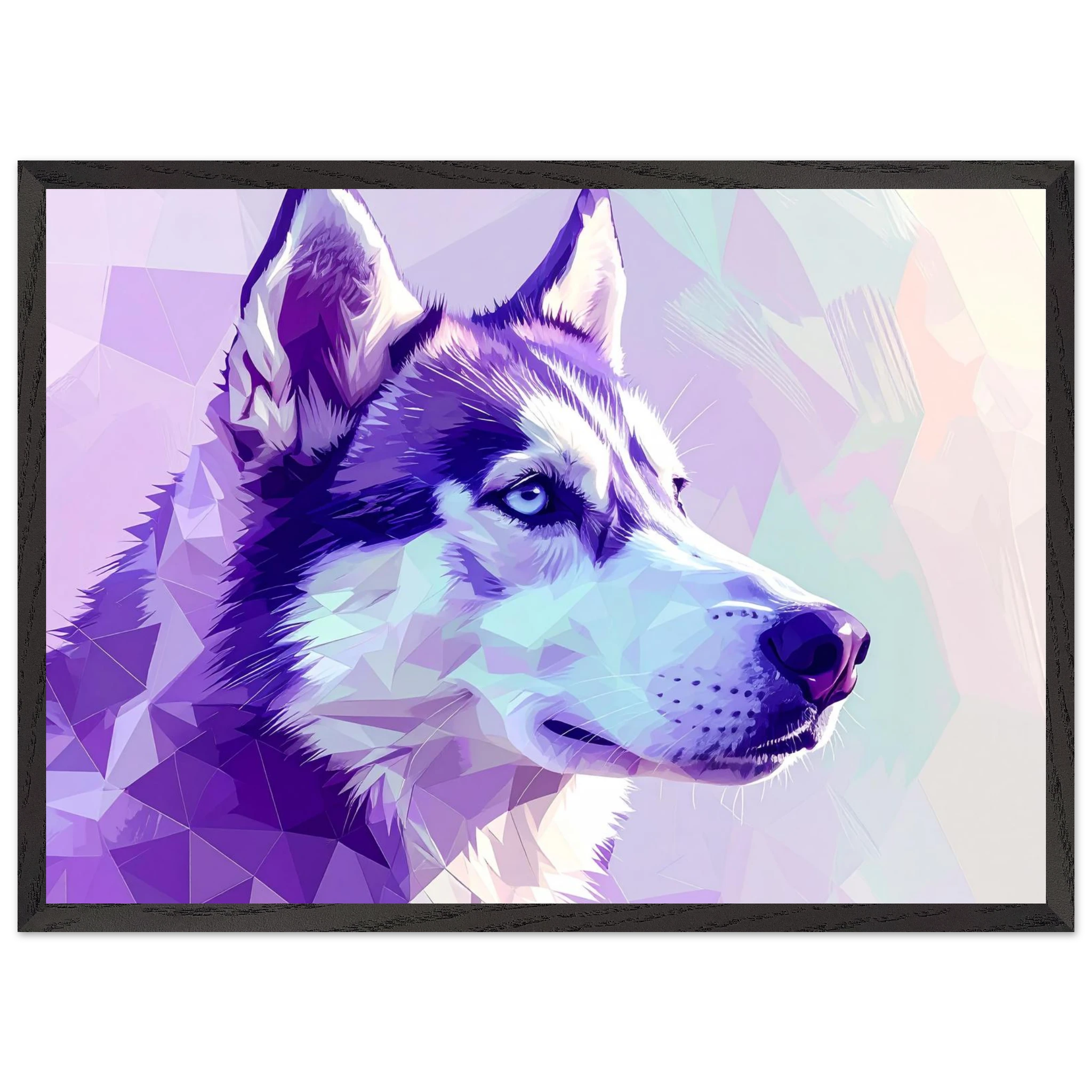 Abstrakter Husky-Portrait-Kunstdruck – Gerahmtes Premium-Poster in faszinierenden Lila-Tönen-petllective