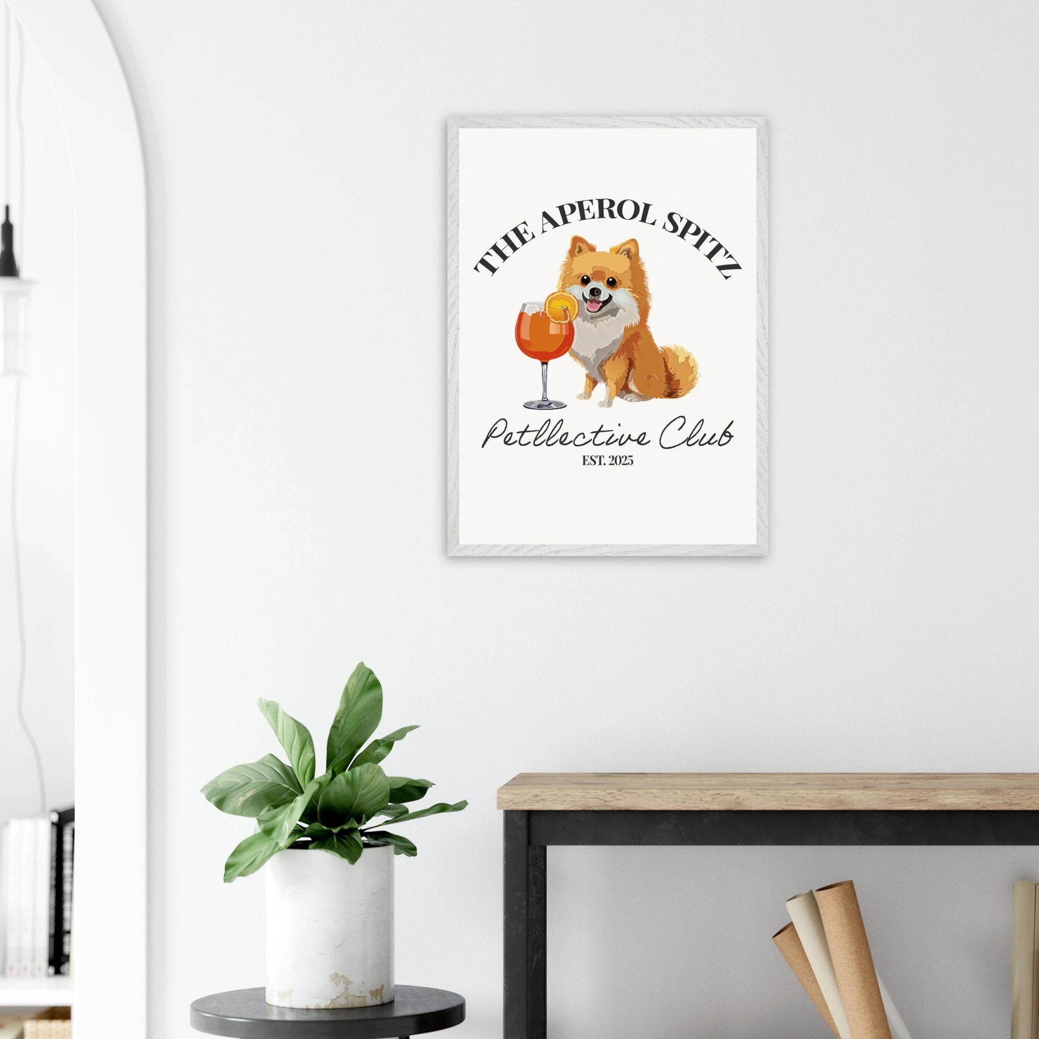 Wandbild Hund Illustration „Aperol Spitz“ – Premium Poster im Holzrahmen-petllective