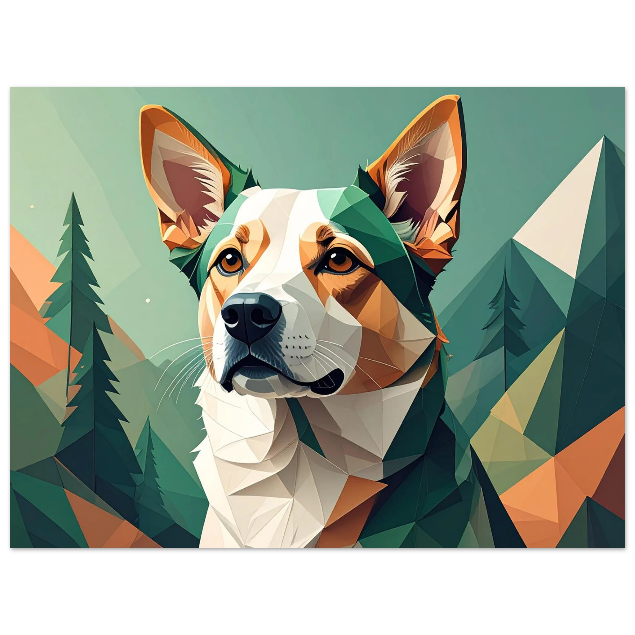 Hund mit Bergpanorama Kunstdruck Wandbild – Geometrische Tierkunst-petllective