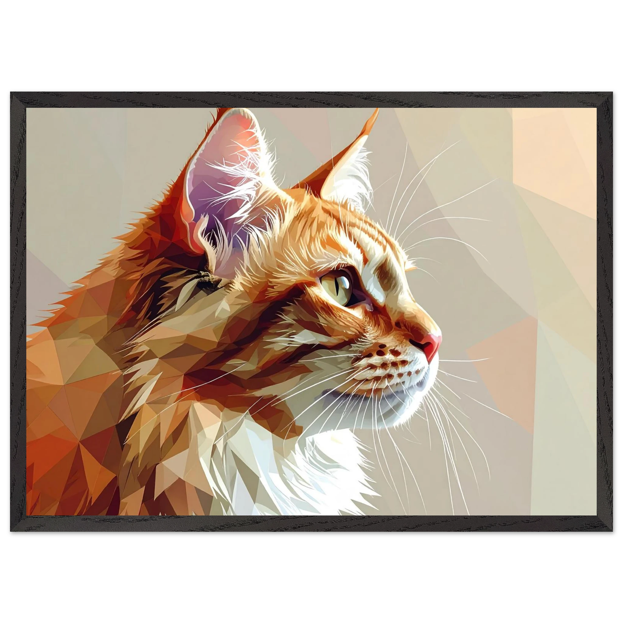 Abstraktes Katzenportrait Premium-Poster mit Rahmen – In orangefarbenem Polygon-Stil, in verschiedenen Größen und Rahmenfarben erhältlich-petllective