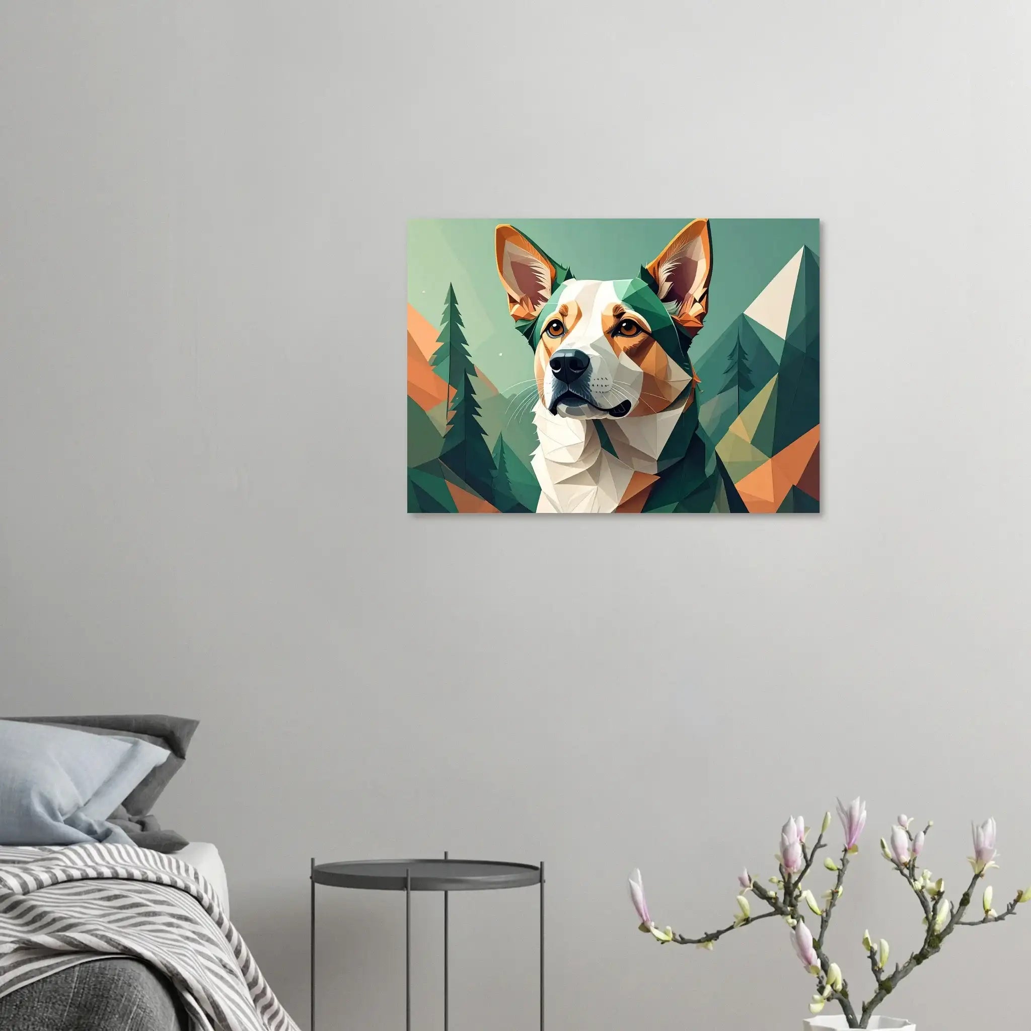 Hund mit Bergpanorama Kunstdruck Wandbild – Geometrische Tierkunst-petllective