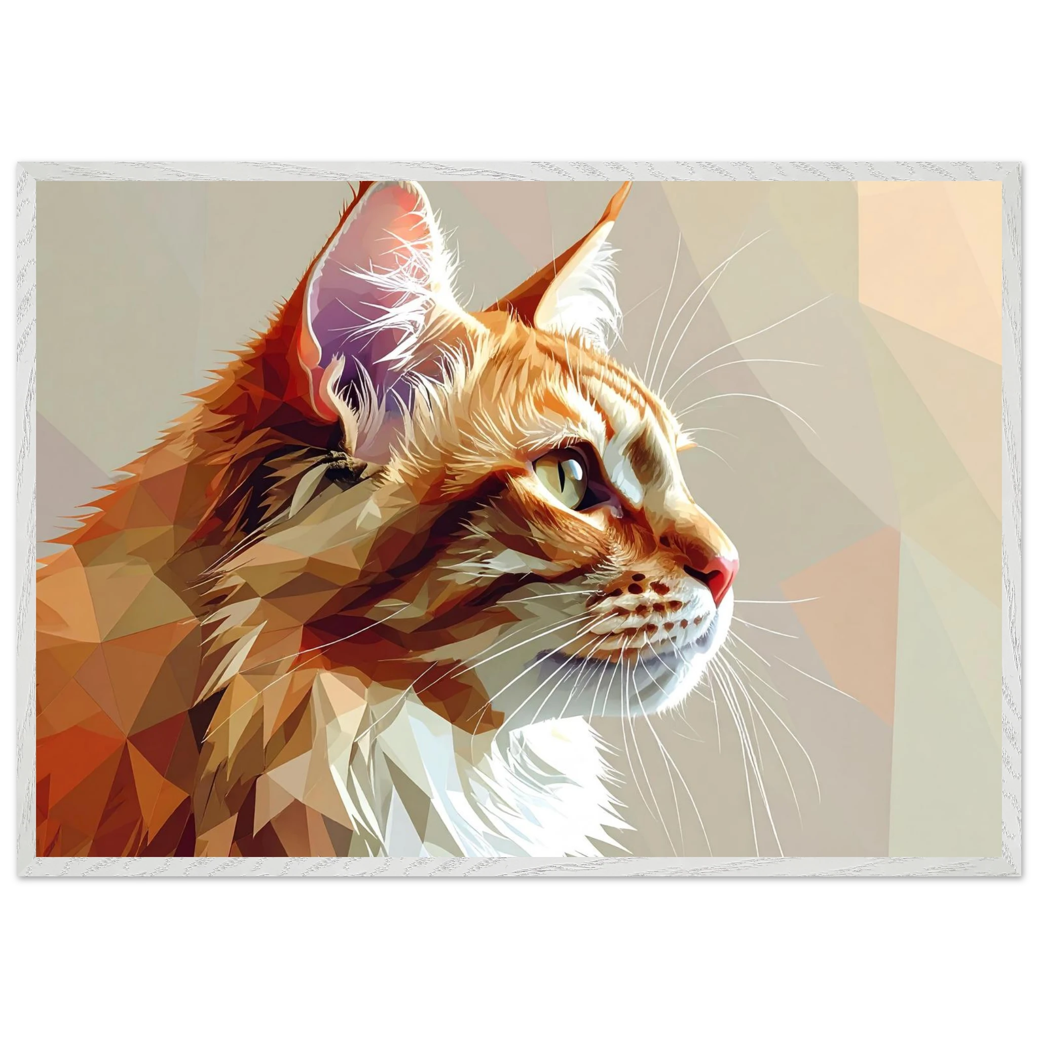 Abstraktes Katzenportrait Premium-Poster mit Rahmen – In orangefarbenem Polygon-Stil, in verschiedenen Größen und Rahmenfarben erhältlich-petllective
