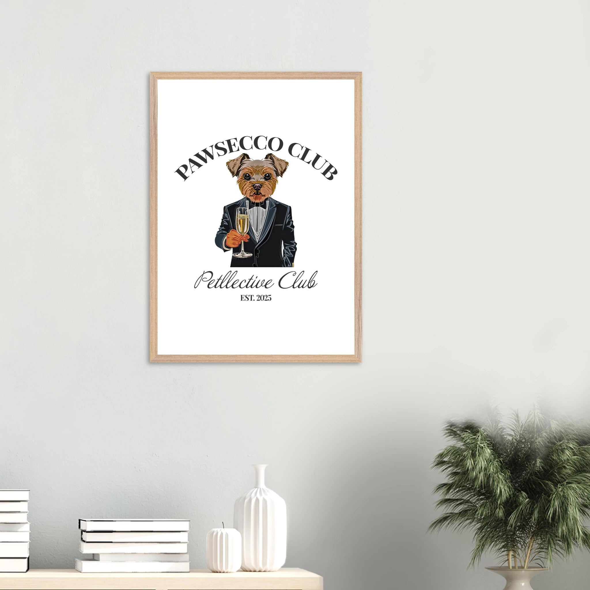 Wandbild Hund „Pawsecco Club“ – Premium Poster mit Holzrahmen-petllective