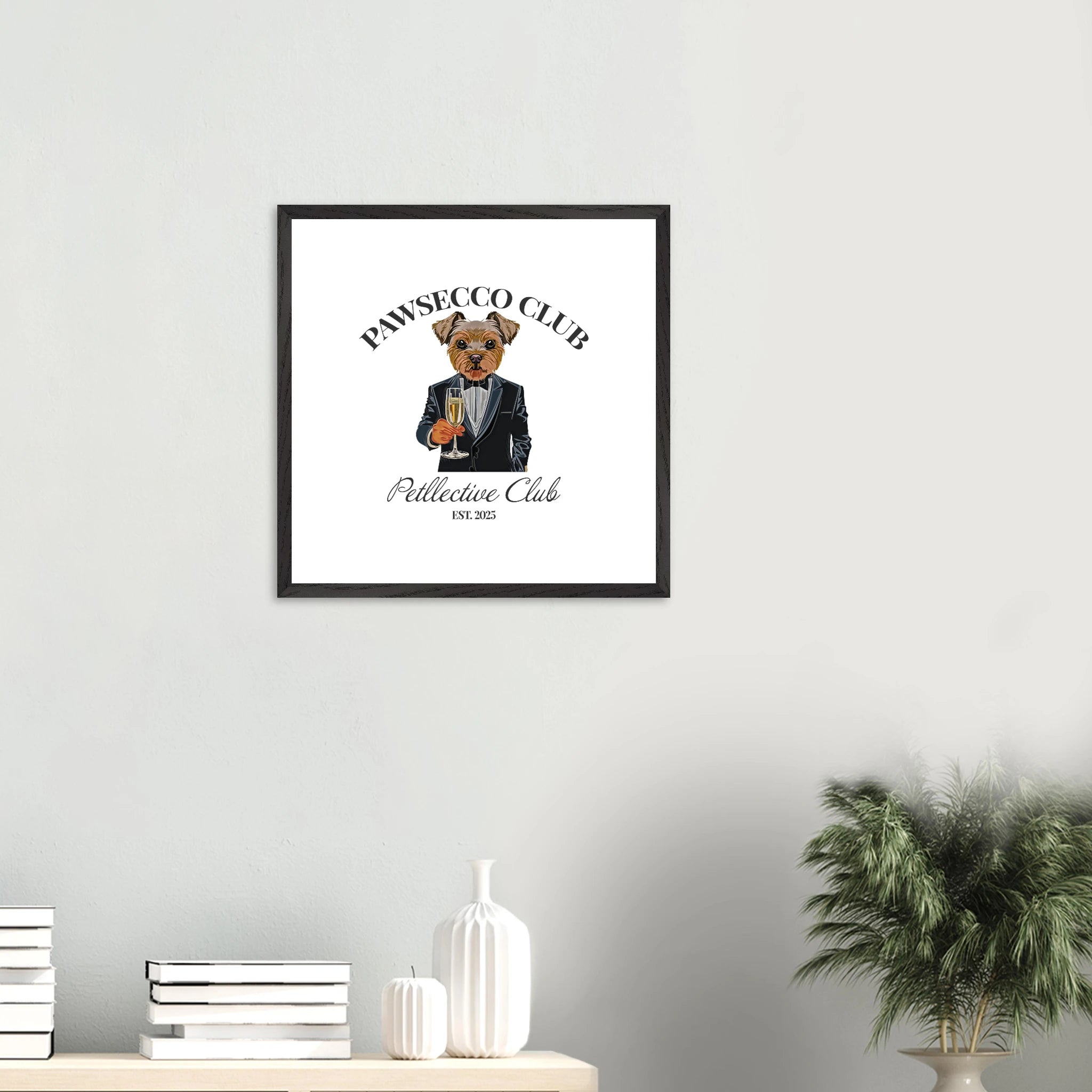 Wandbild Hund „Pawsecco Club“ – Premium Poster mit Holzrahmen-petllective