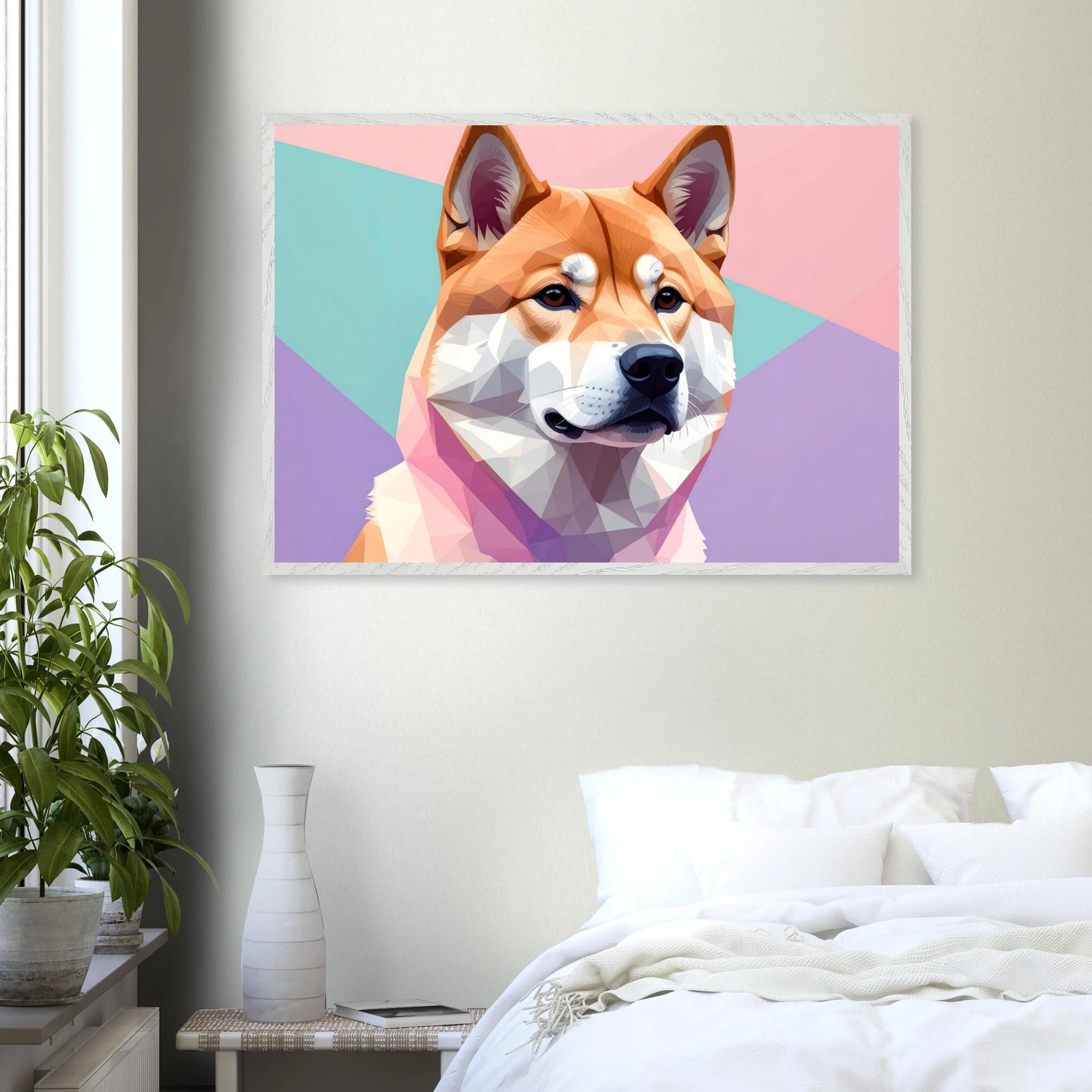 Abstrakter Shiba Inu: Gerahmtes Premium-Poster mit lebendigen geometrischen Formen in Pastellfarben-petllective