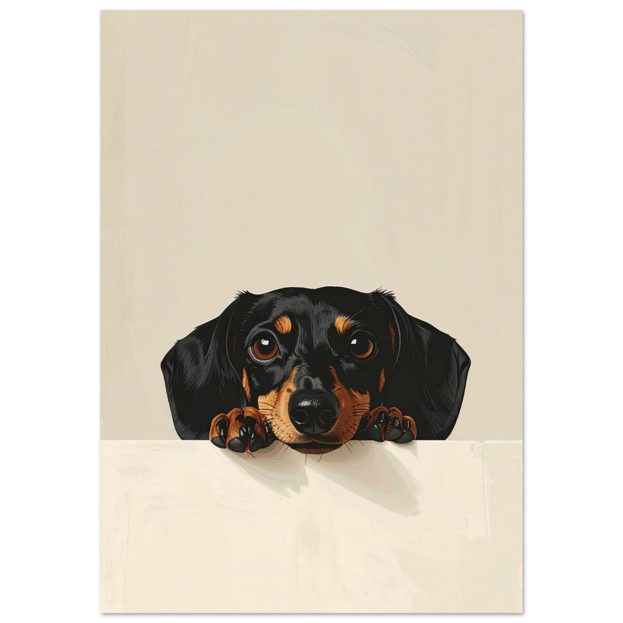 Illustration eines schwarzen Dackels, der über eine helle Kante blickt, auf neutralem Hintergrund