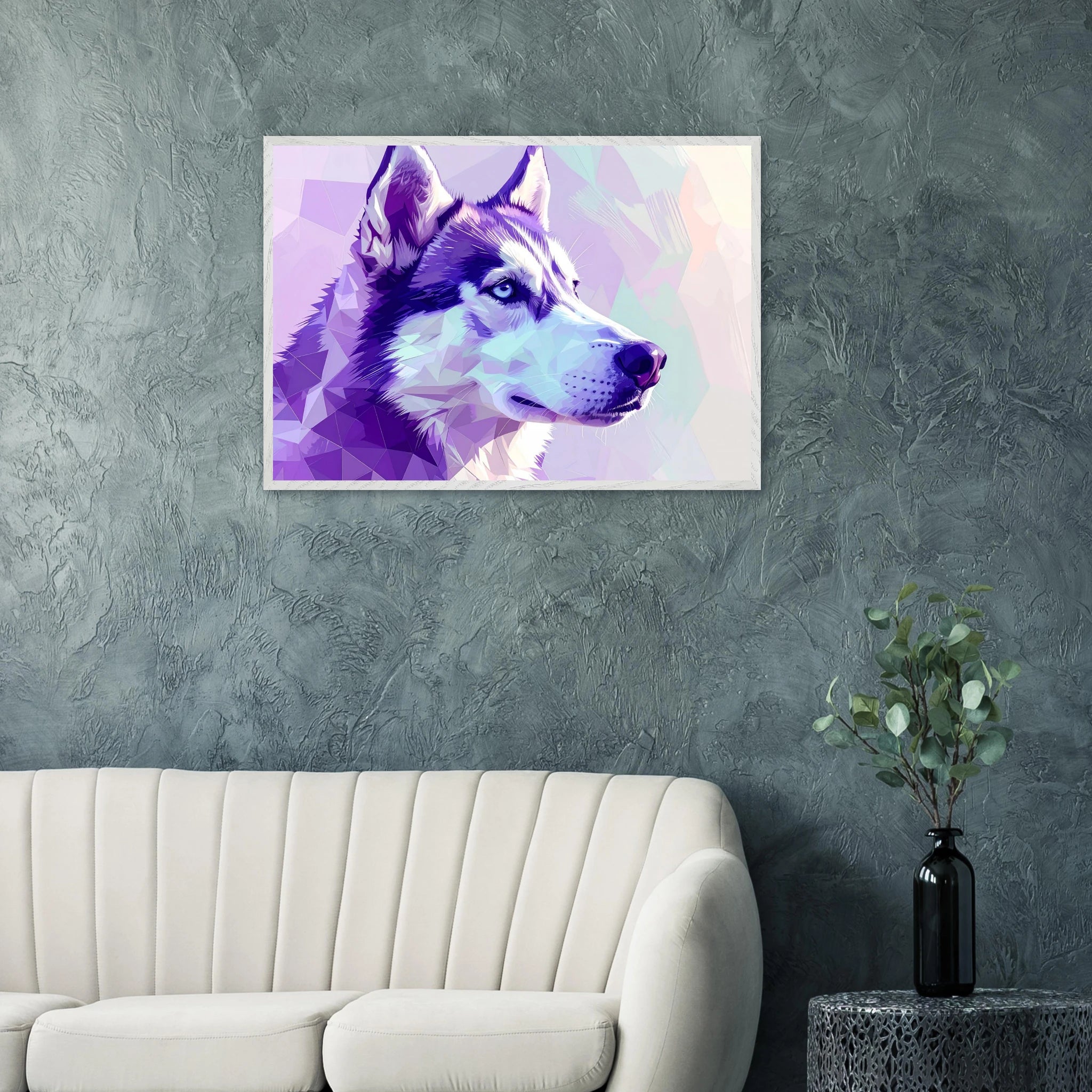 Abstrakter Husky-Portrait-Kunstdruck – Gerahmtes Premium-Poster in faszinierenden Lila-Tönen-petllective